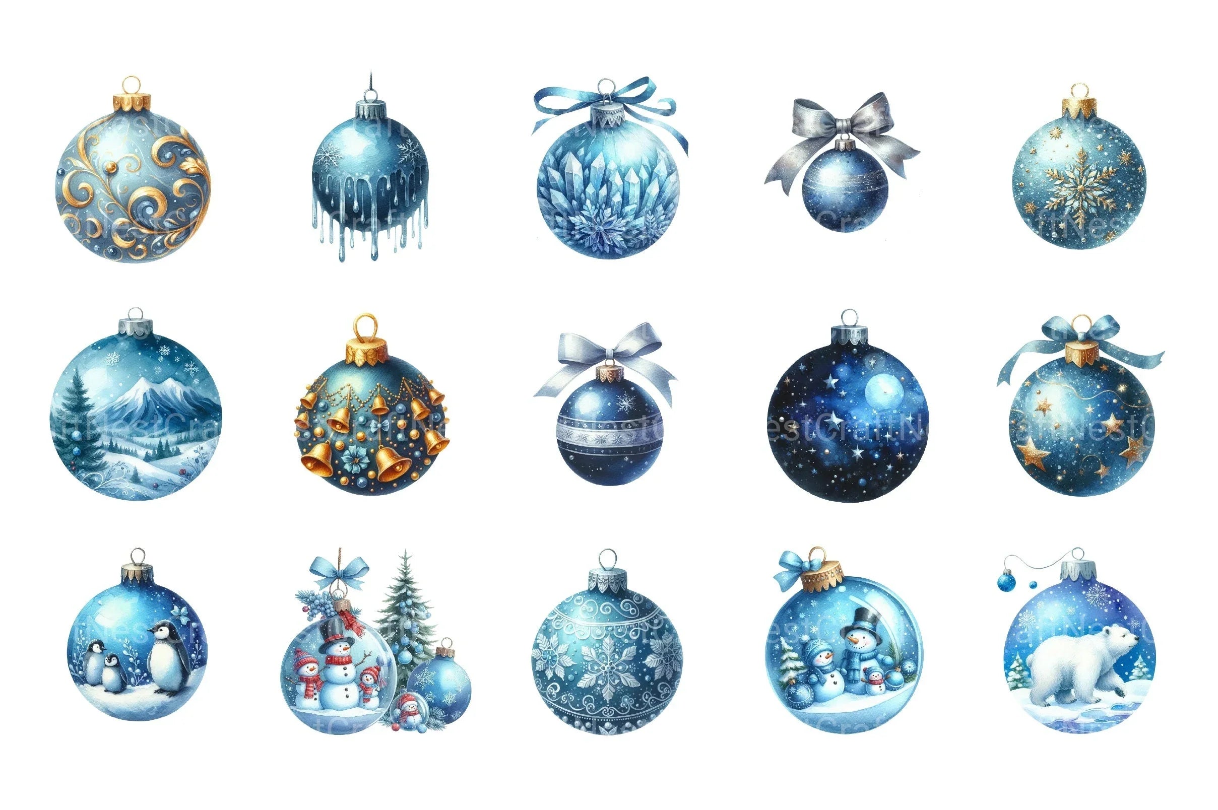 Blue Baubles Christmas Tree Ornaments Clipart Bundle - CraftNest - Digital Crafting and Art