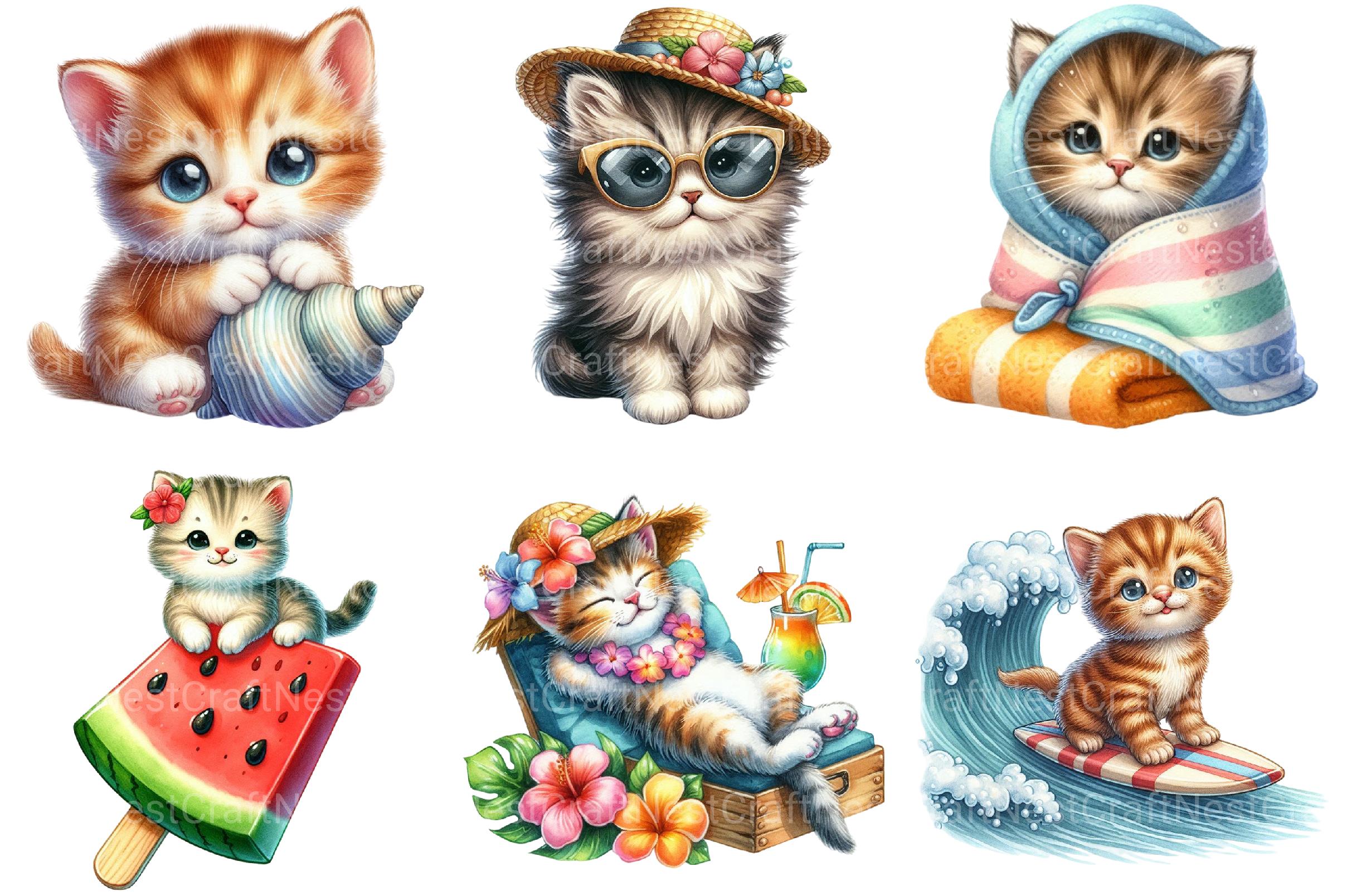Cute Summer Kittens Clipart Bundle