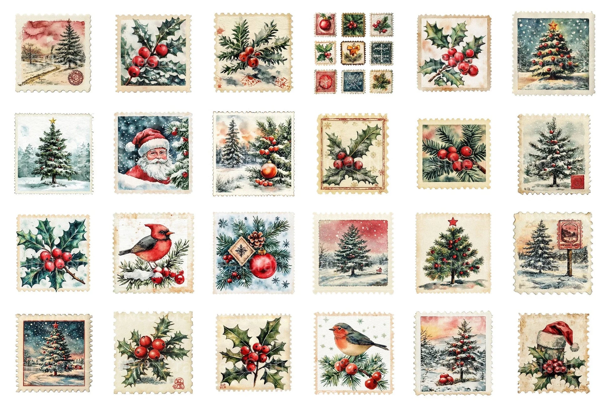Vintage Christmas Stamps: Retro Santa, Snowman, Tree Clipart Bundle 98 - CraftNest - Digital Crafting and Art