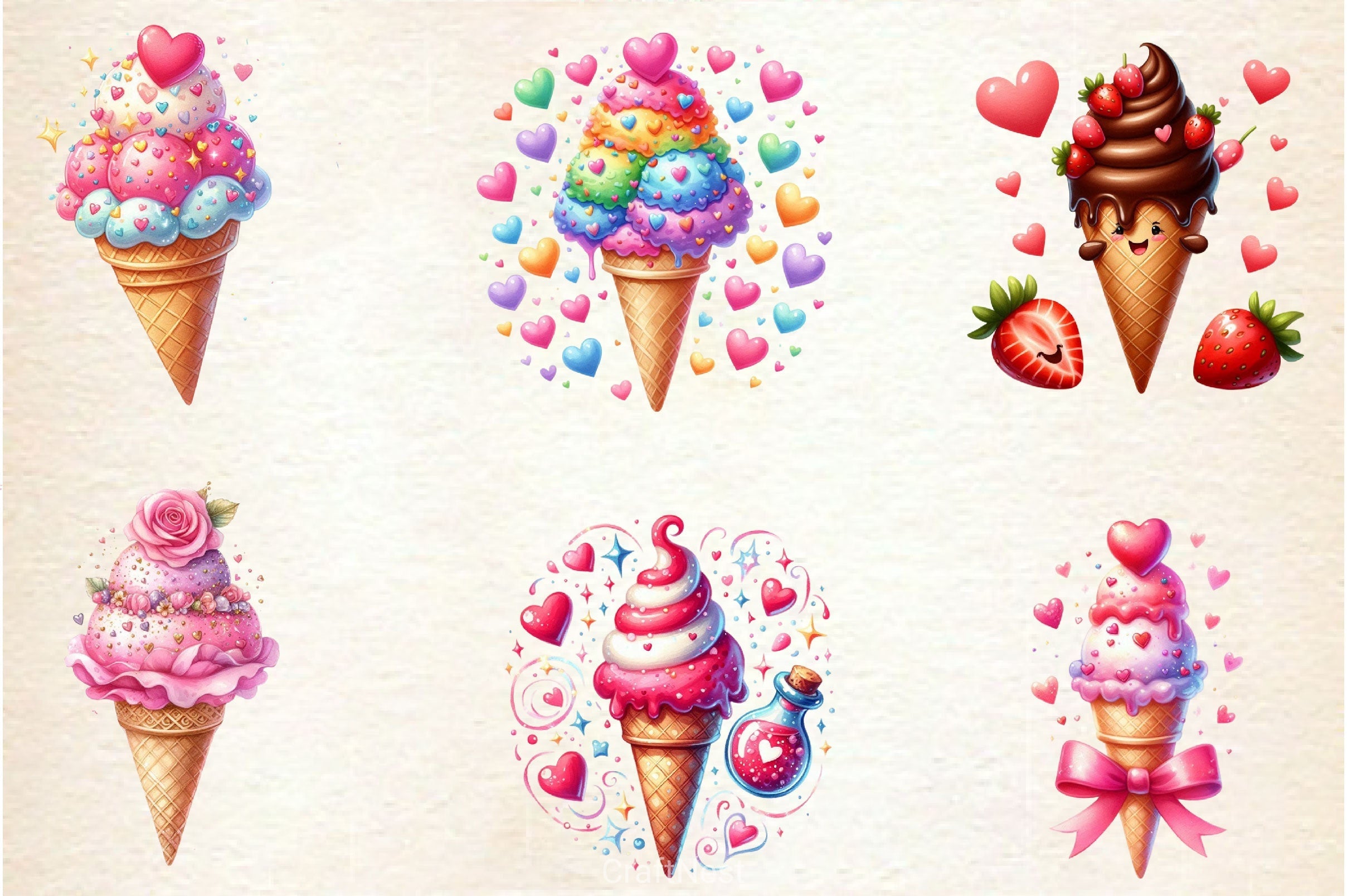 Valentine Love Ice Cream Cone Clipart Bundle 2