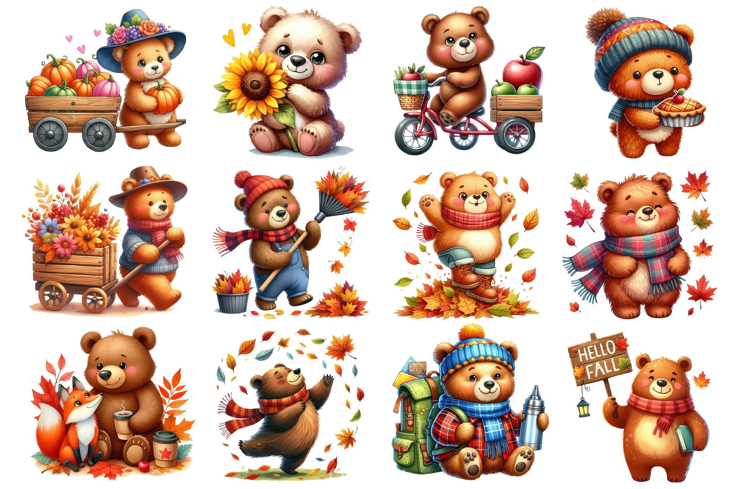 Cute Bear Character In Autumn Season Clipart Bundle