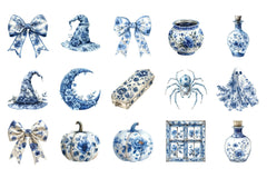 Blue & Ivory Chinoiserie Halloween Clipart Bundle - CraftNest - Digital Crafting and Art