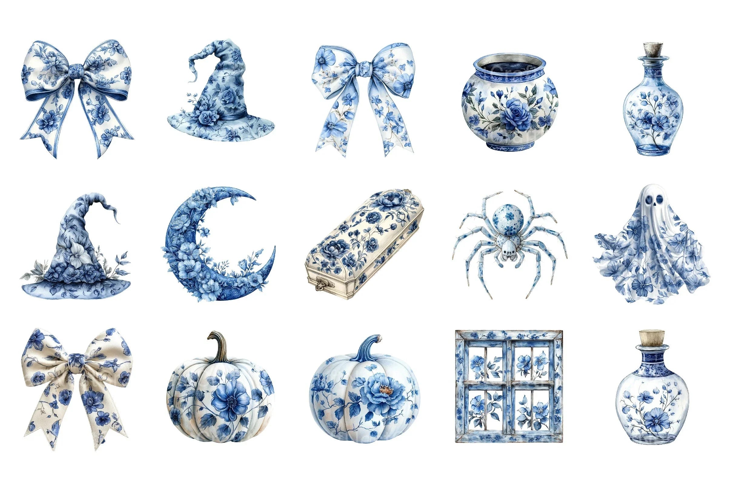 Blue & Ivory Chinoiserie Halloween Clipart Bundle - CraftNest - Digital Crafting and Art