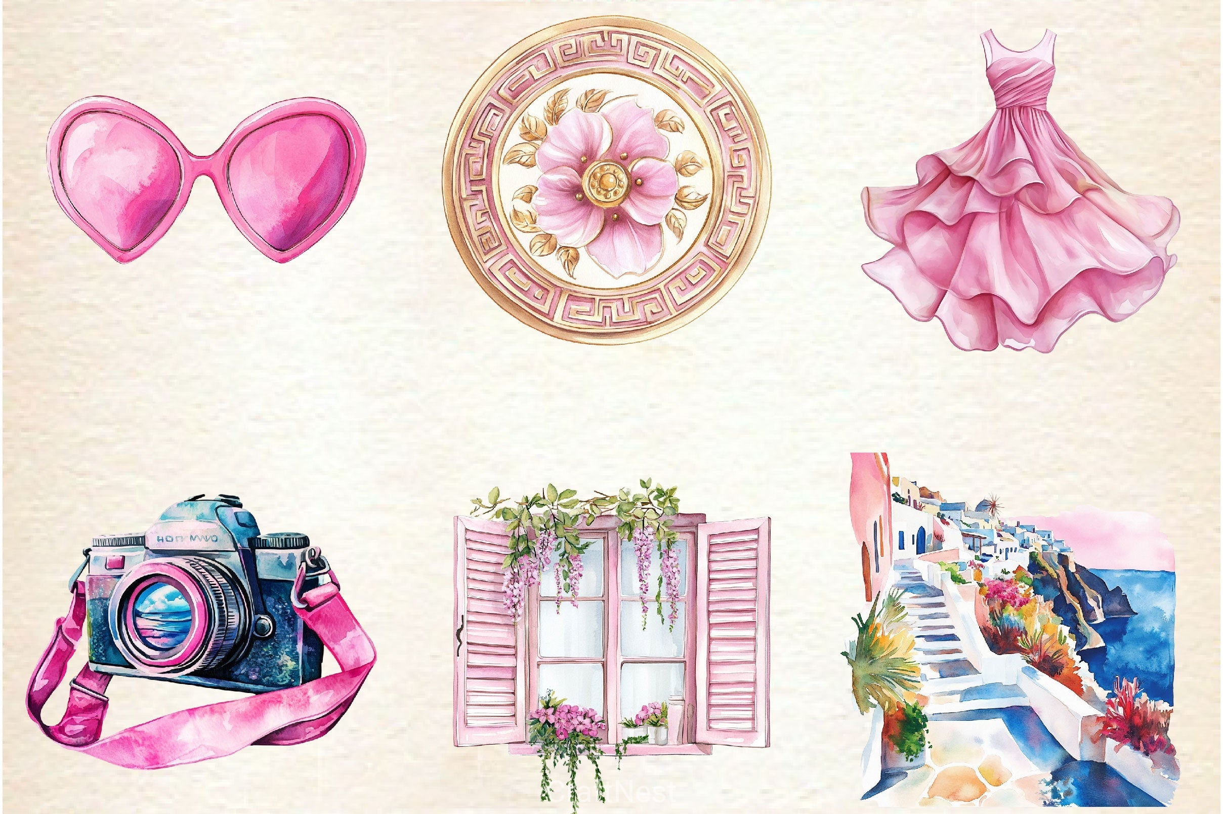 Pink Summer Santorini Travel Clipart Bundle 2