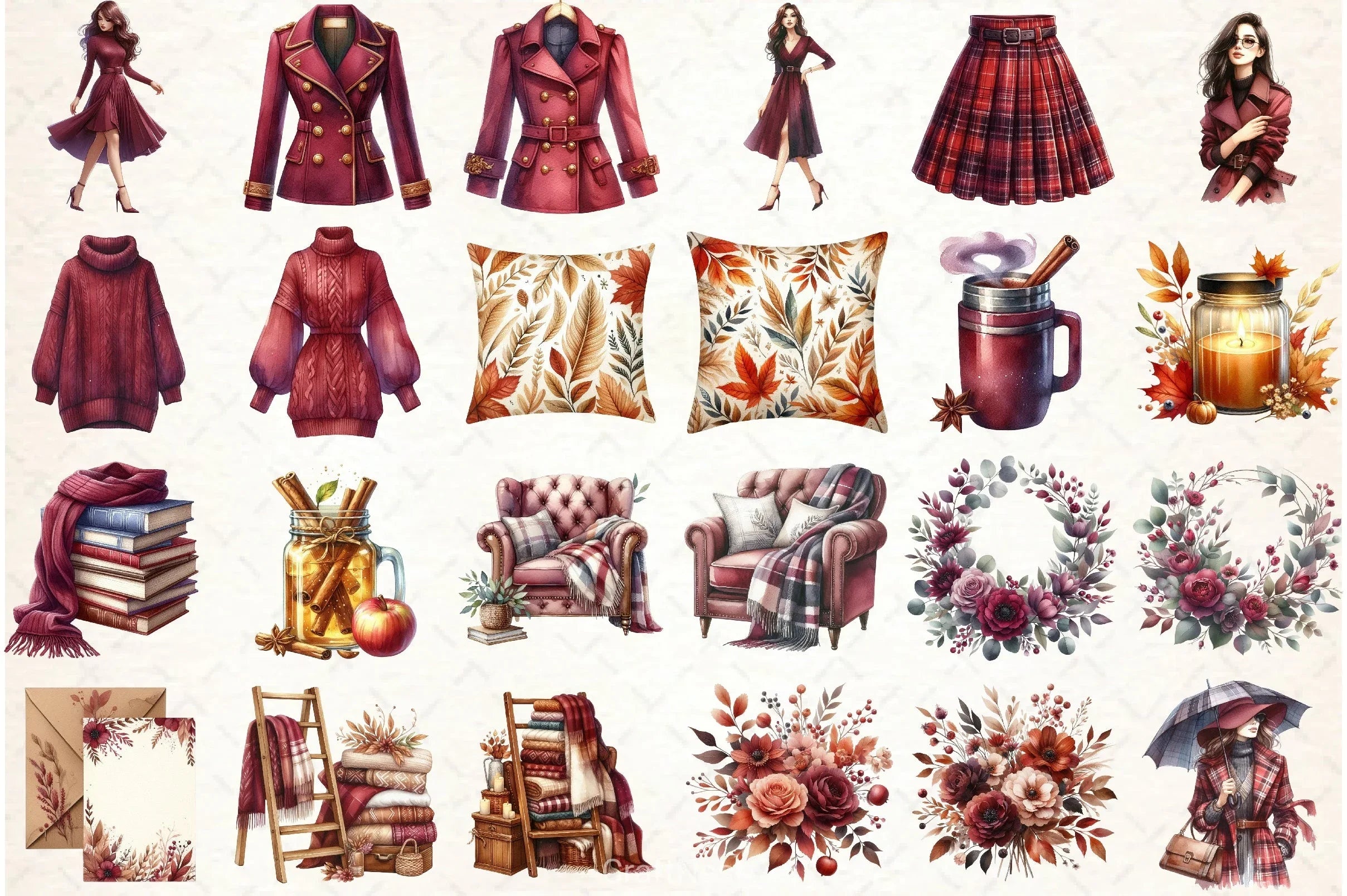 Burgundy Autumn Clipart Bundle - CraftNest - Digital Crafting and Art