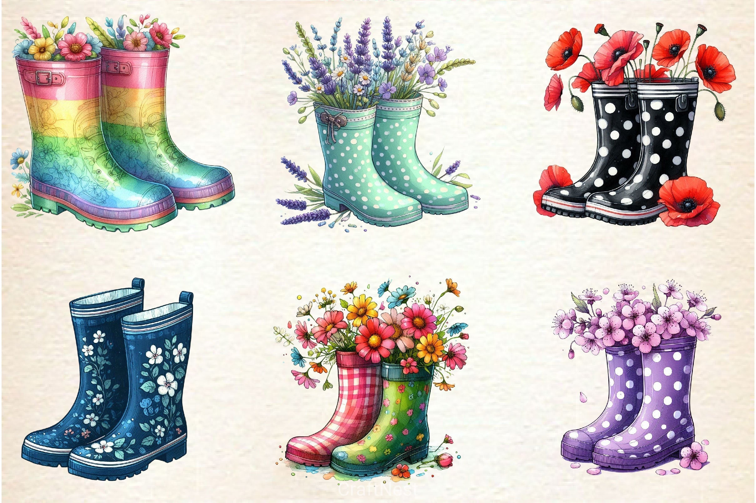 Floral Spring Rubber Boots Clipart Bundle 2