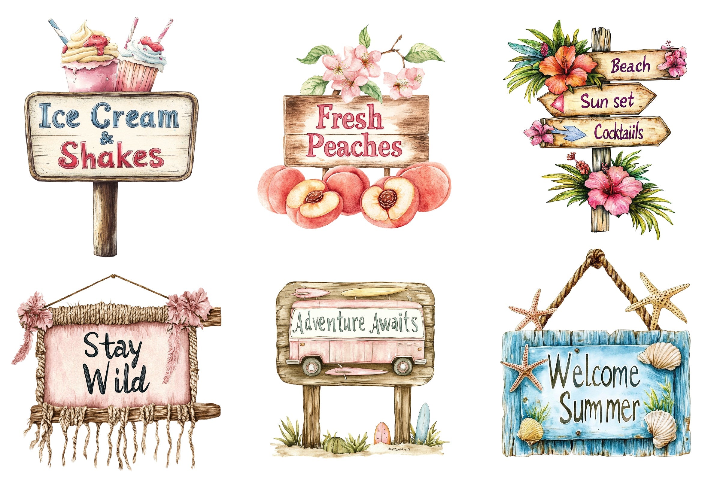 Summer Wooden Sign Board Clipart Bundle