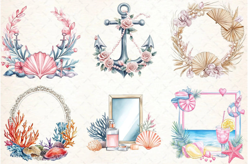 Coquette Coastal Summer Frame Clipart Bundle 1 - CraftNest - Digital Crafting and Art