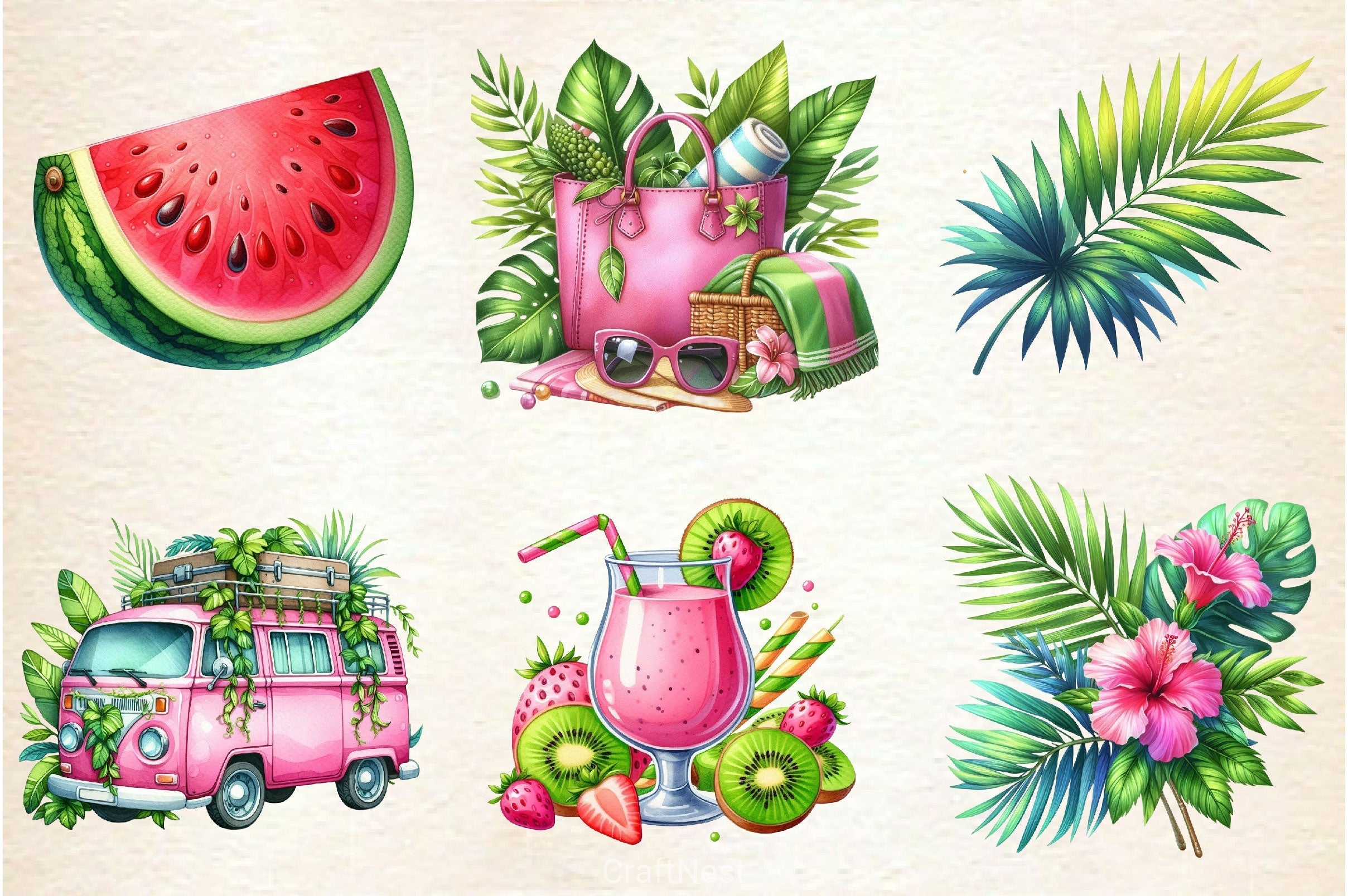 Green & Pink Summer Clipart Bundle 4