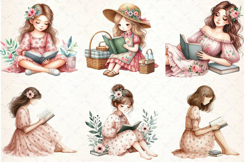 Floral Dress Girl Reading Clipart Bundle - CraftNest - Digital Crafting and Art