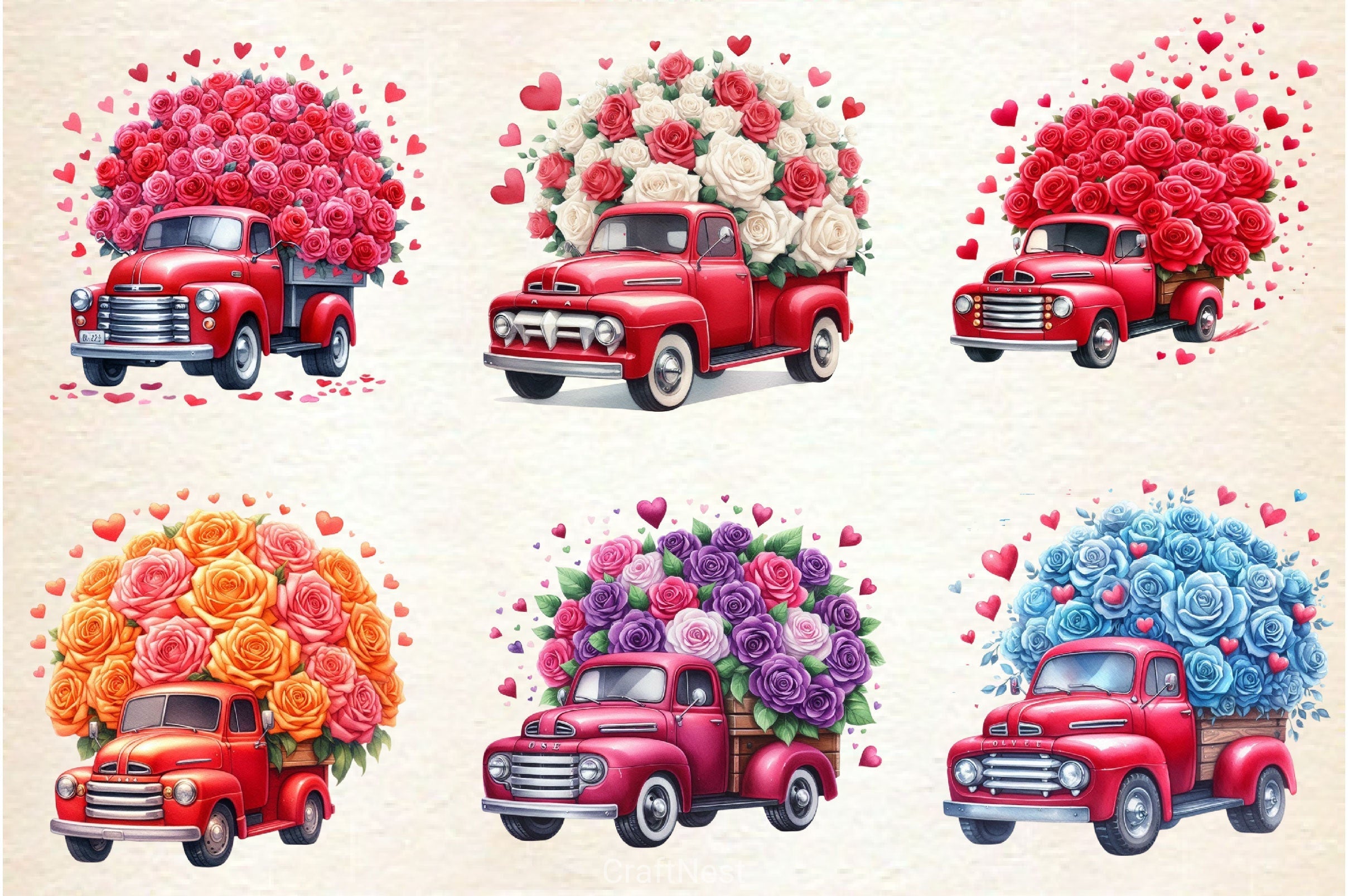 Valentine Flowers Truck Clipart Bundle