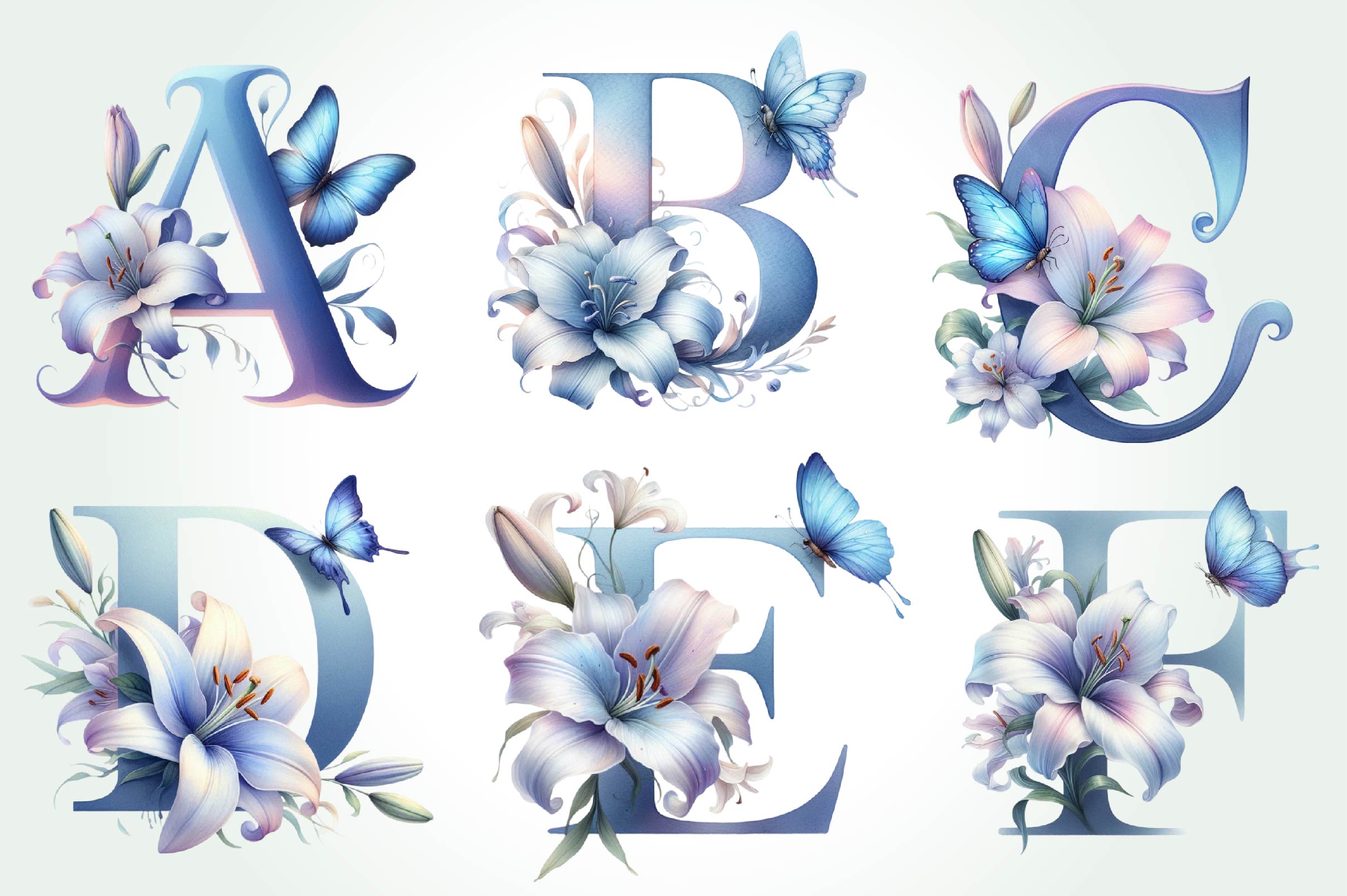 Blue Floral Monogram Alphabet Clipart Bundle