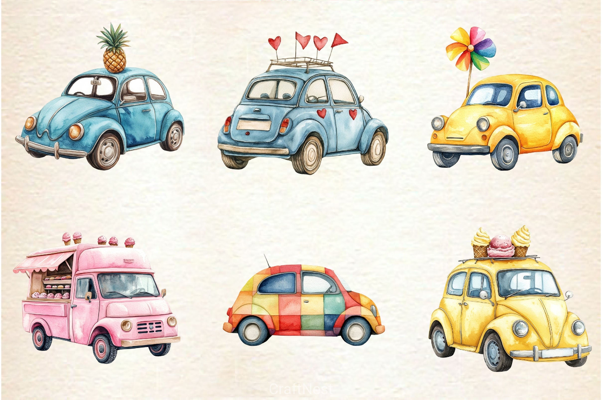 Rainbow Cute Summer Car Clipart Bundle