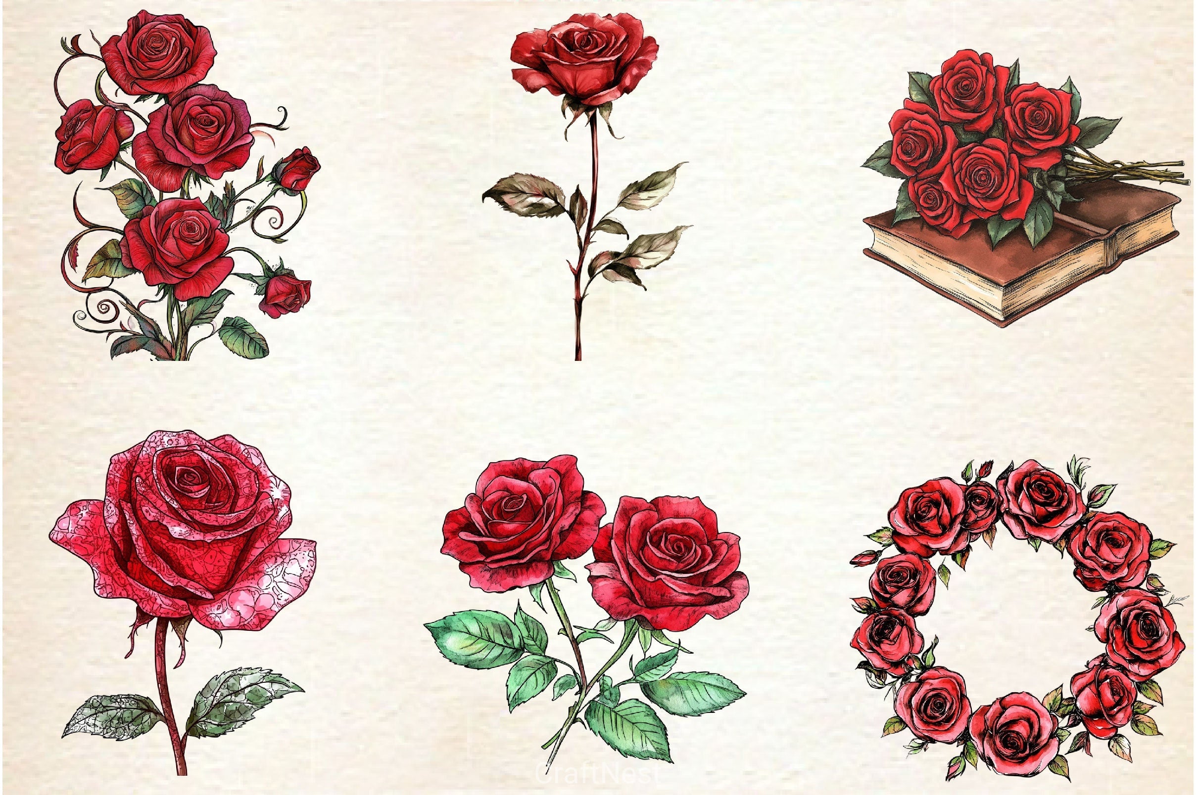 Red Lithograph Roses Clipart Bundle