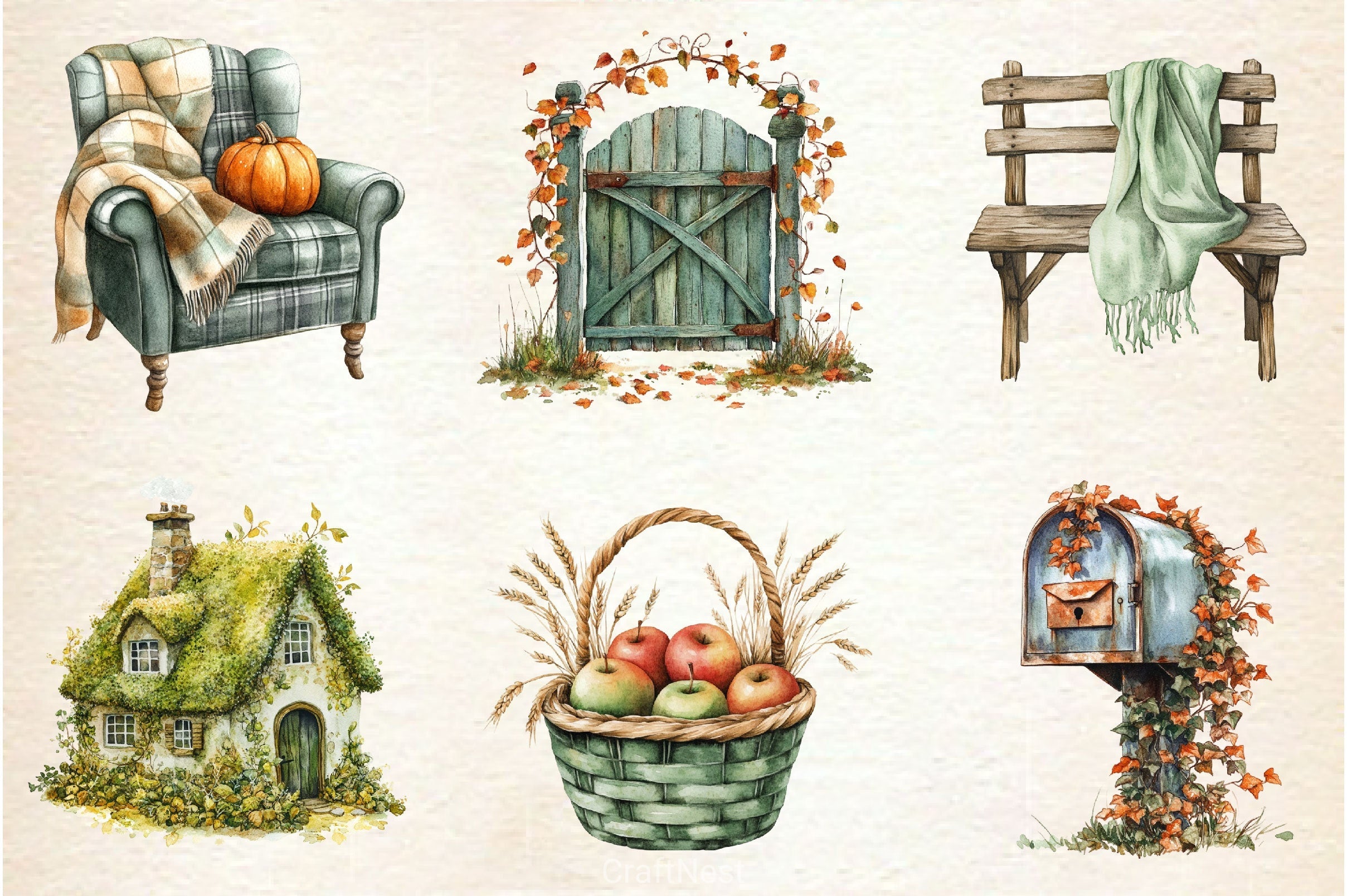 Cozy Green Autumn Clipart Bundle