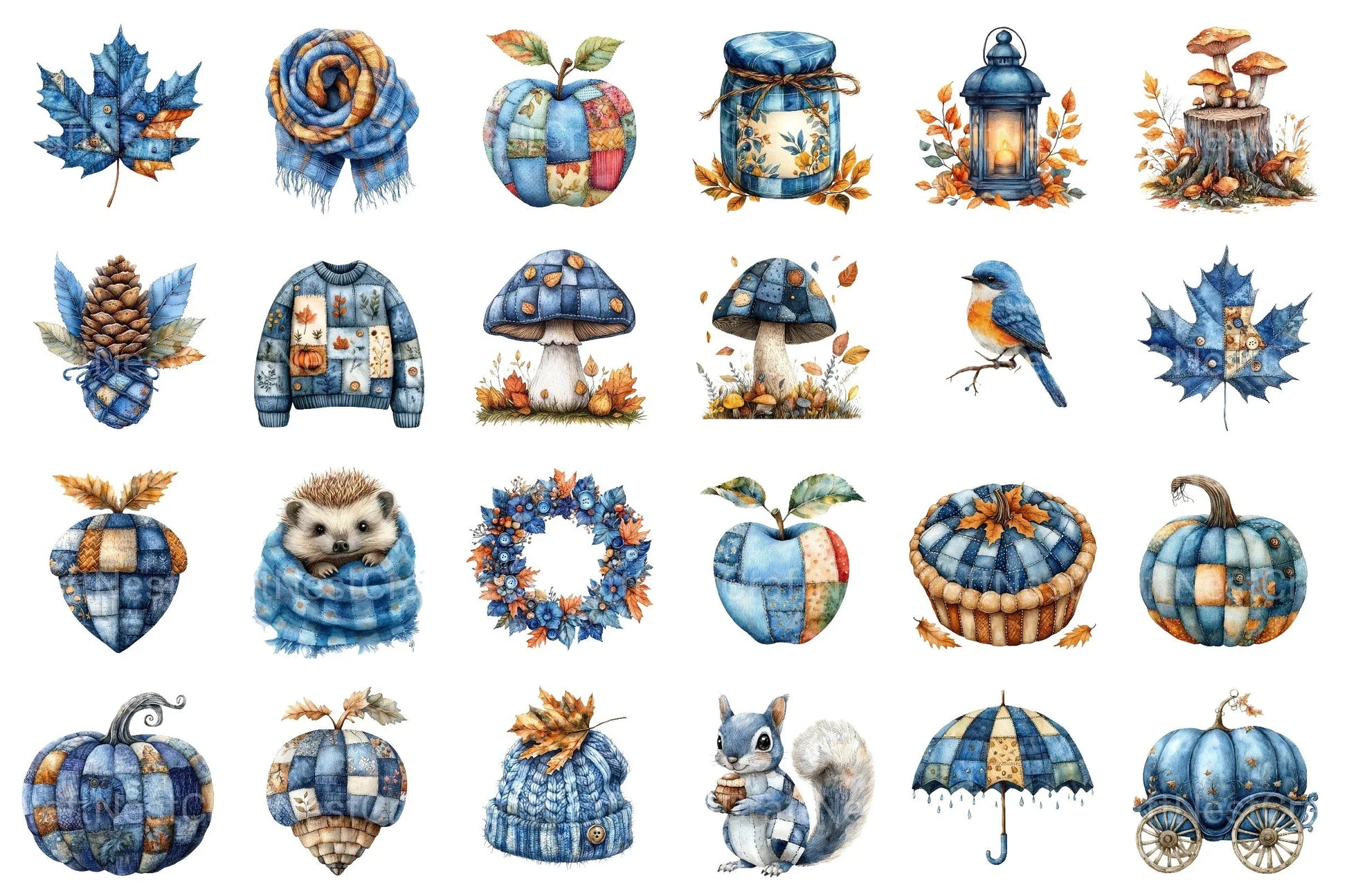 Blue Patchwork Autumn Clipart Set Bundle - CraftNest - Digital Crafting and Art