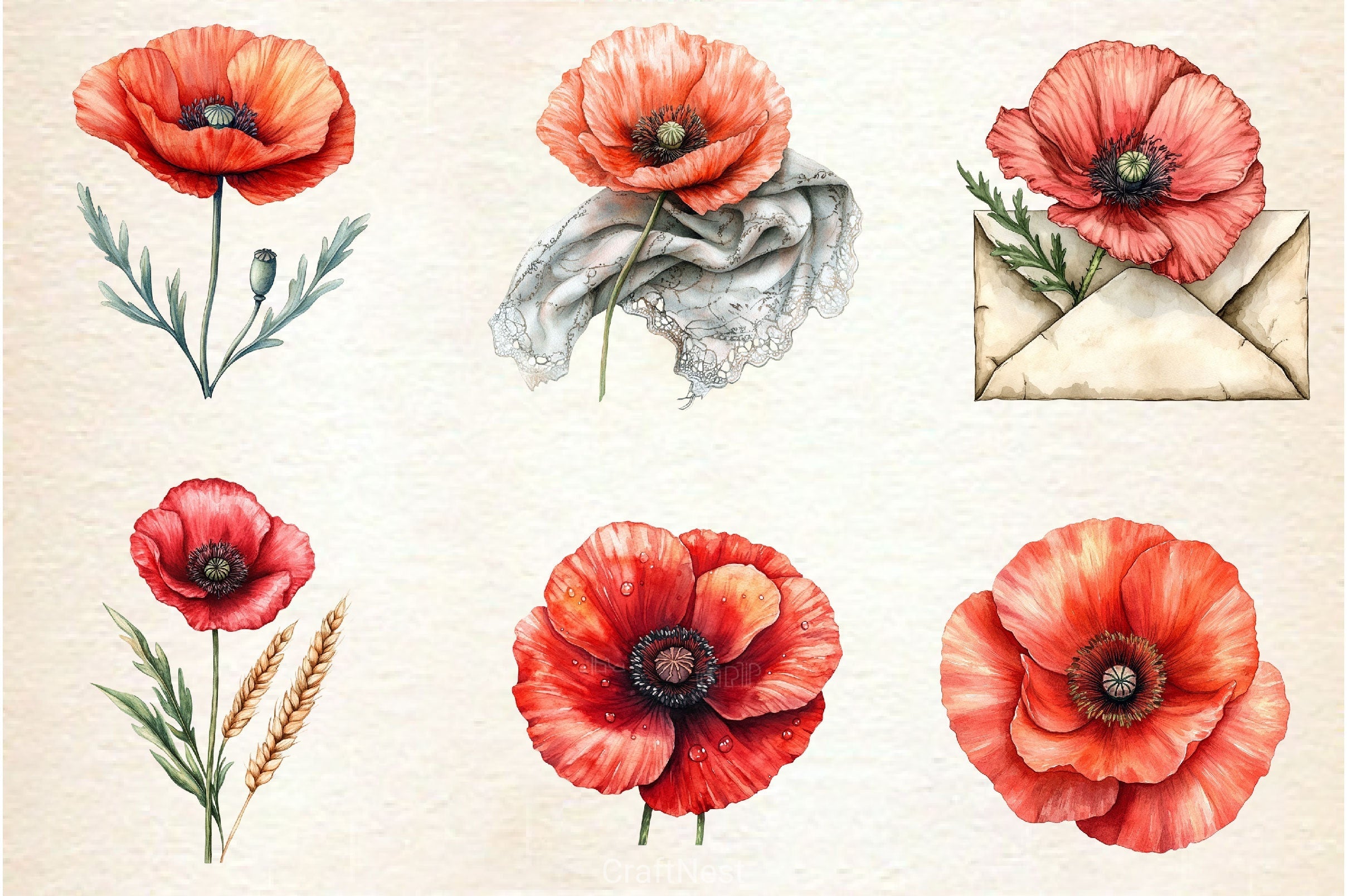Corn Poppy Flower Bloom Clipart Bundle 2