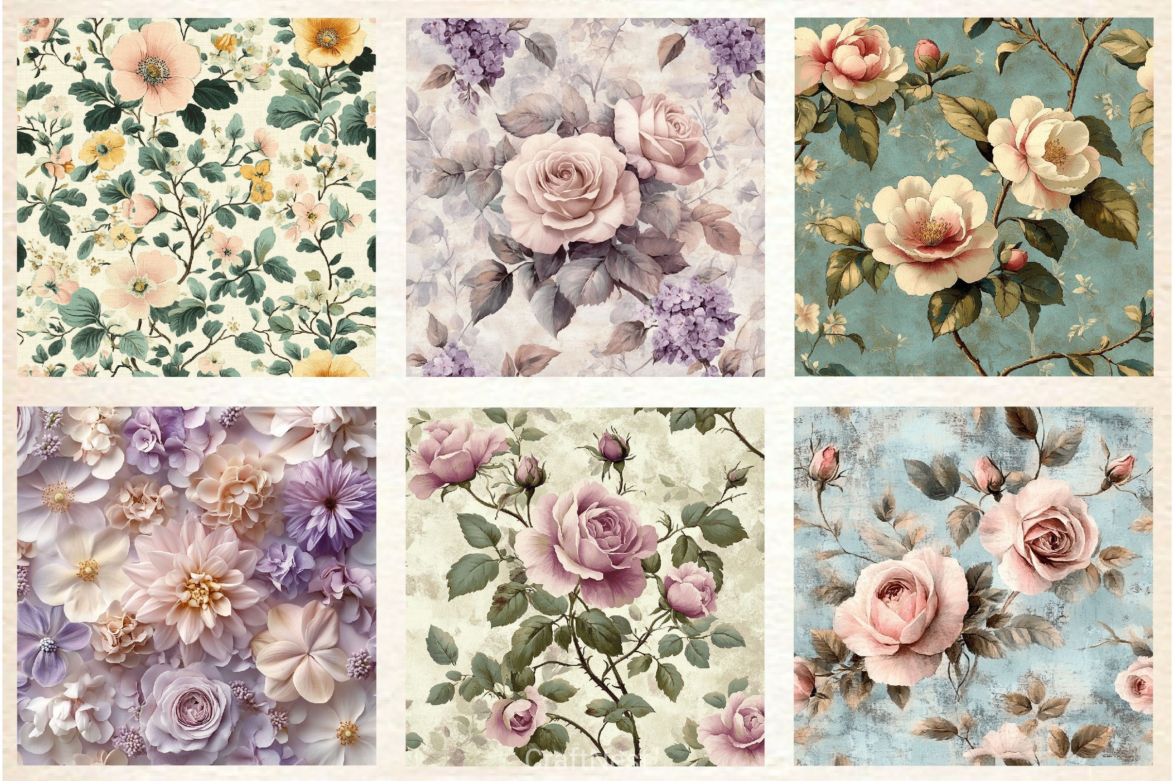 French Shabby Chic Pastel Flower Pattern Clipart Bundle