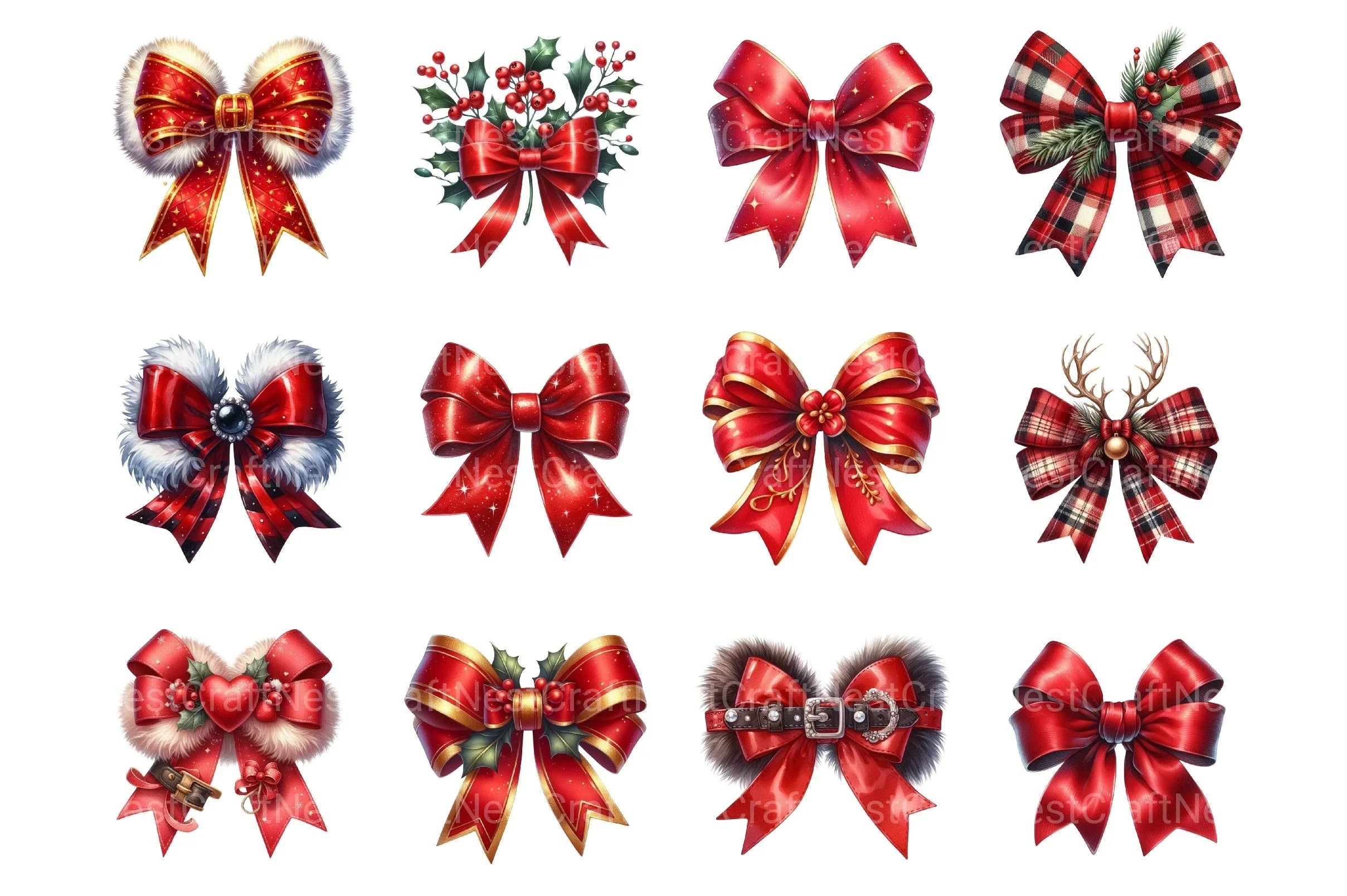 Red Coquette Christmas Bow Clipart Bundle - CraftNest - Digital Crafting and Art