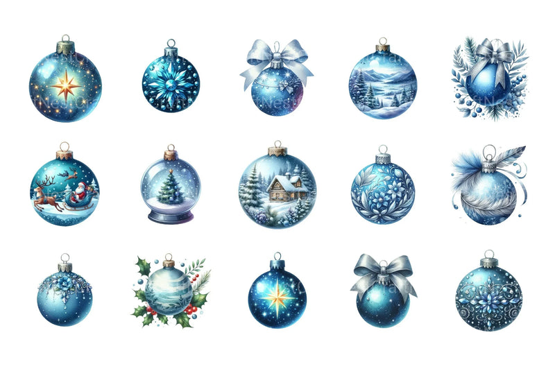 Blue Baubles Christmas Tree Ornaments Clipart Bundle - 15 High-Quality Festive Graphics - CraftNest - Digital Crafting and Art