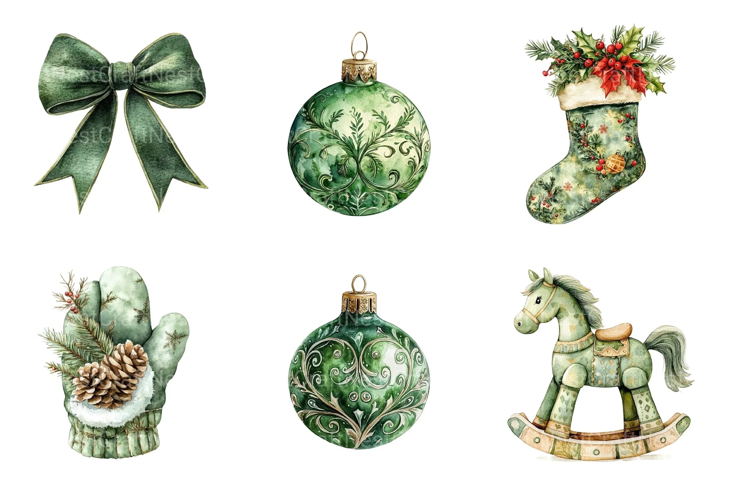 Vintage Green Christmas Winter Clipart Bundle - CraftNest - Digital Crafting and Art