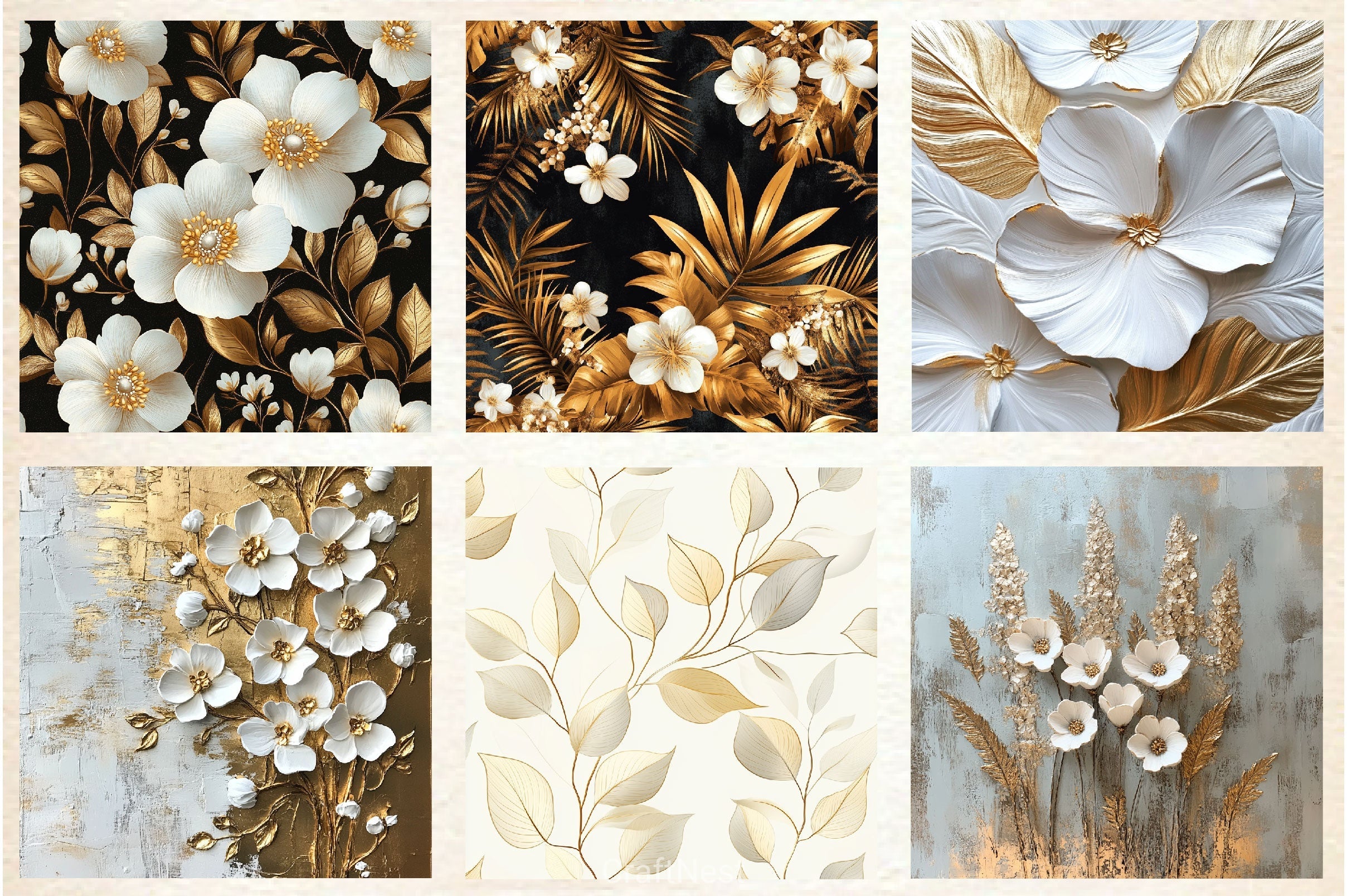 White Gold Boho Floral Leaves Background Clipart Bundle