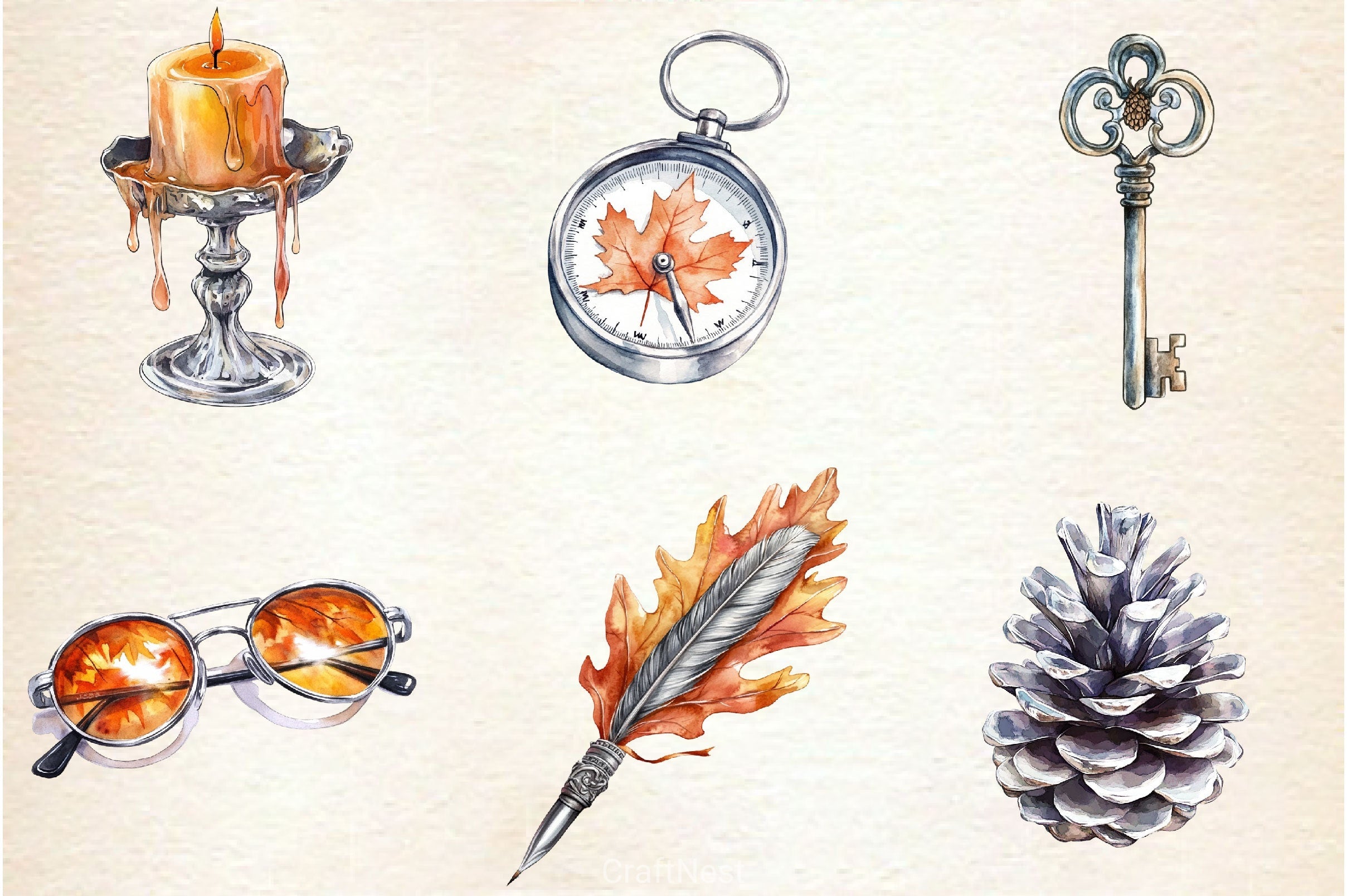 Silver Vintage Aesthetic Autumn Clipart Bundle 2