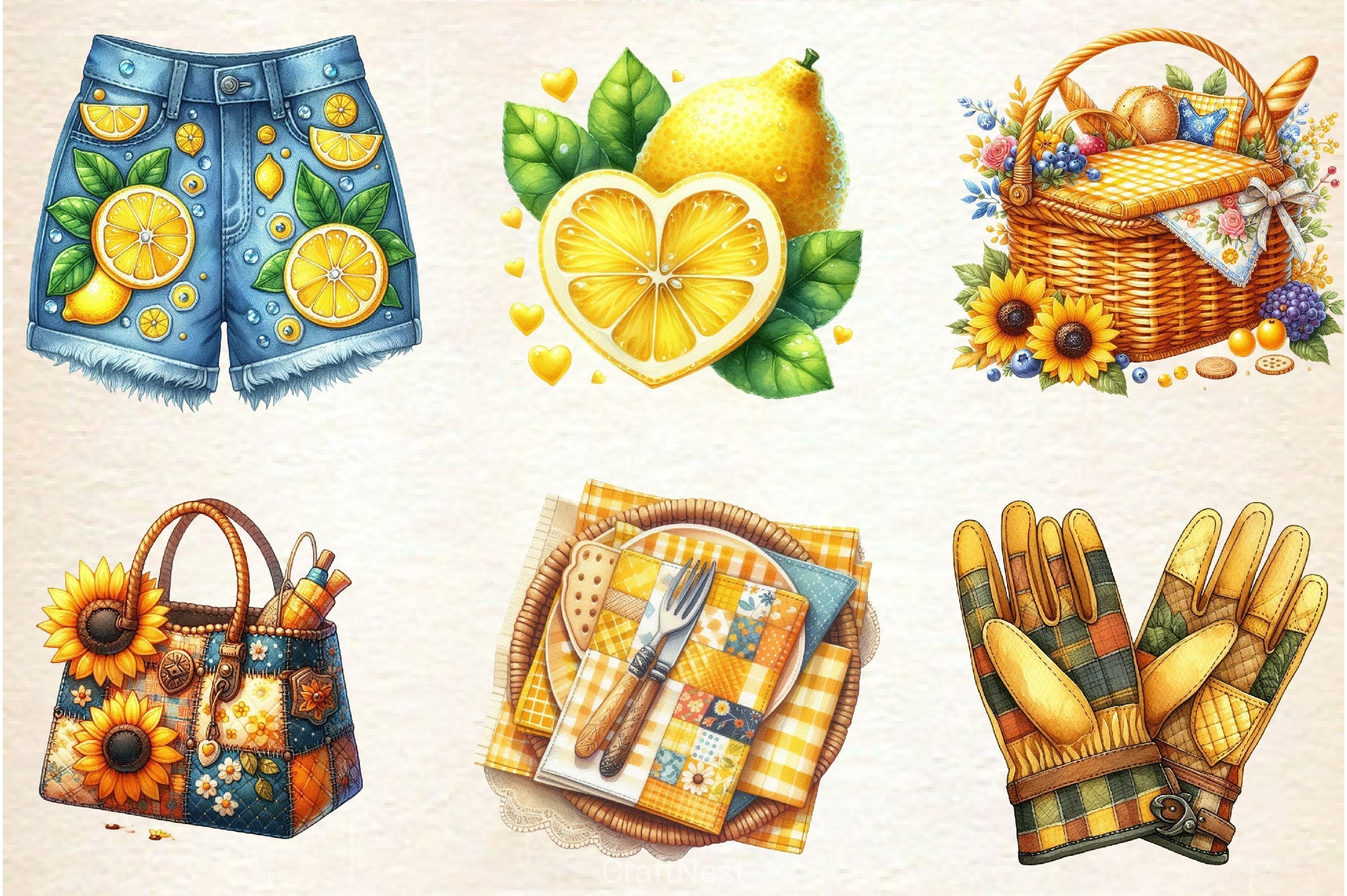 Yellow Patchwork Summer Clipart Bundle 3
