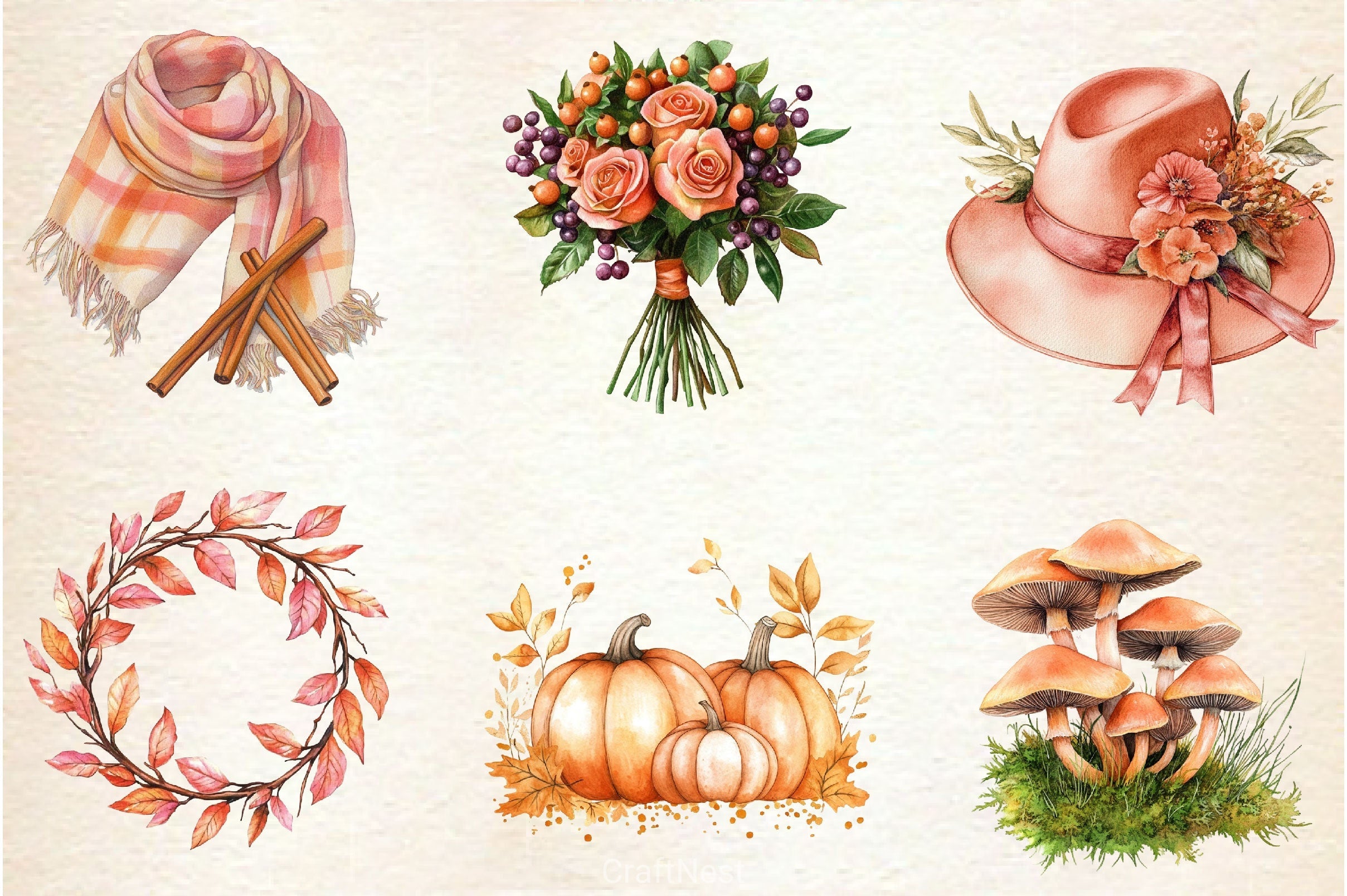 Peach Colored Autumn Clipart Bundle 3