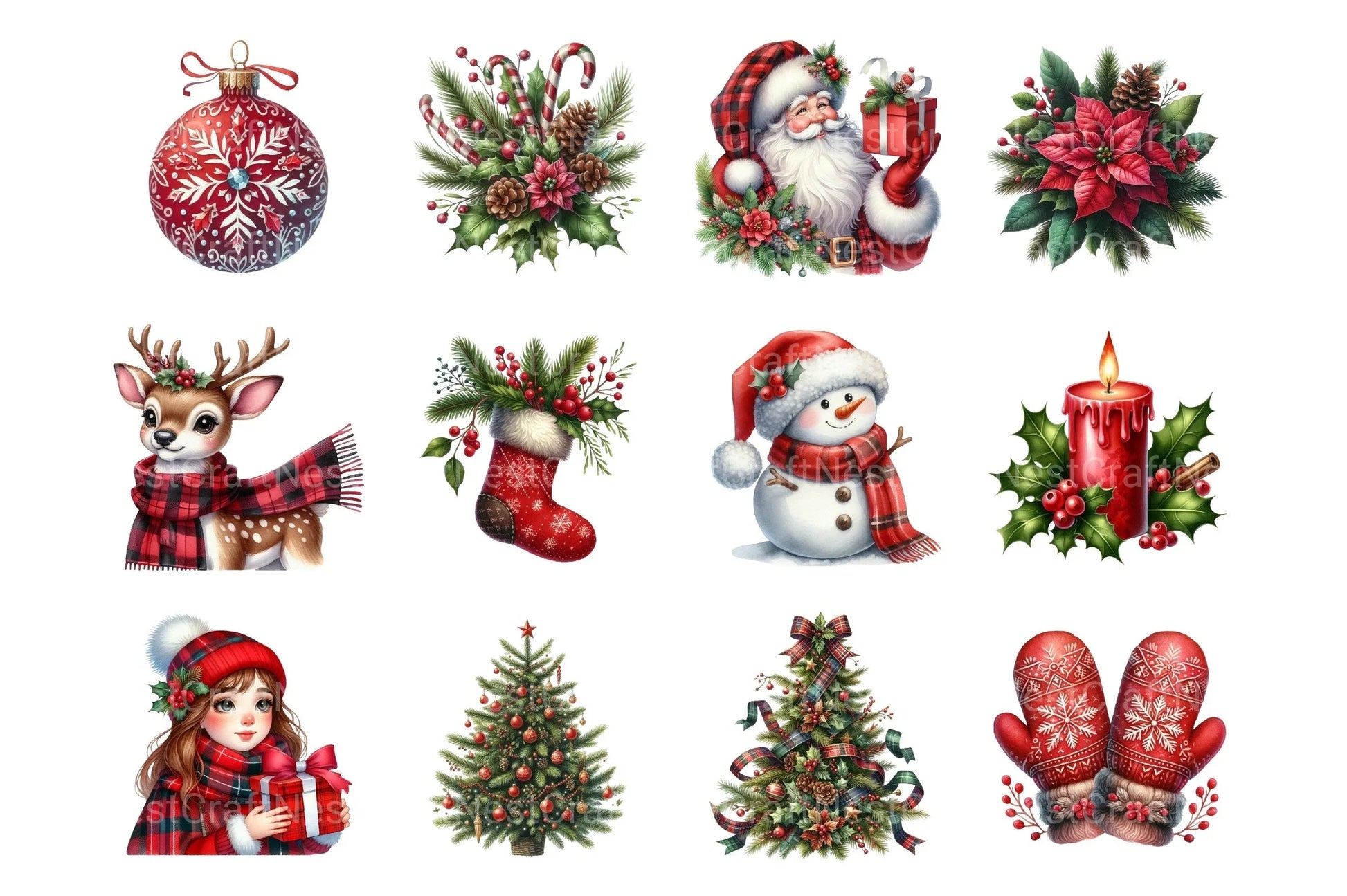 Red Christmas Retro Clipart Bundle: Santa, Reindeer, Snowmen & Gingerbread - CraftNest - Digital Crafting and Art
