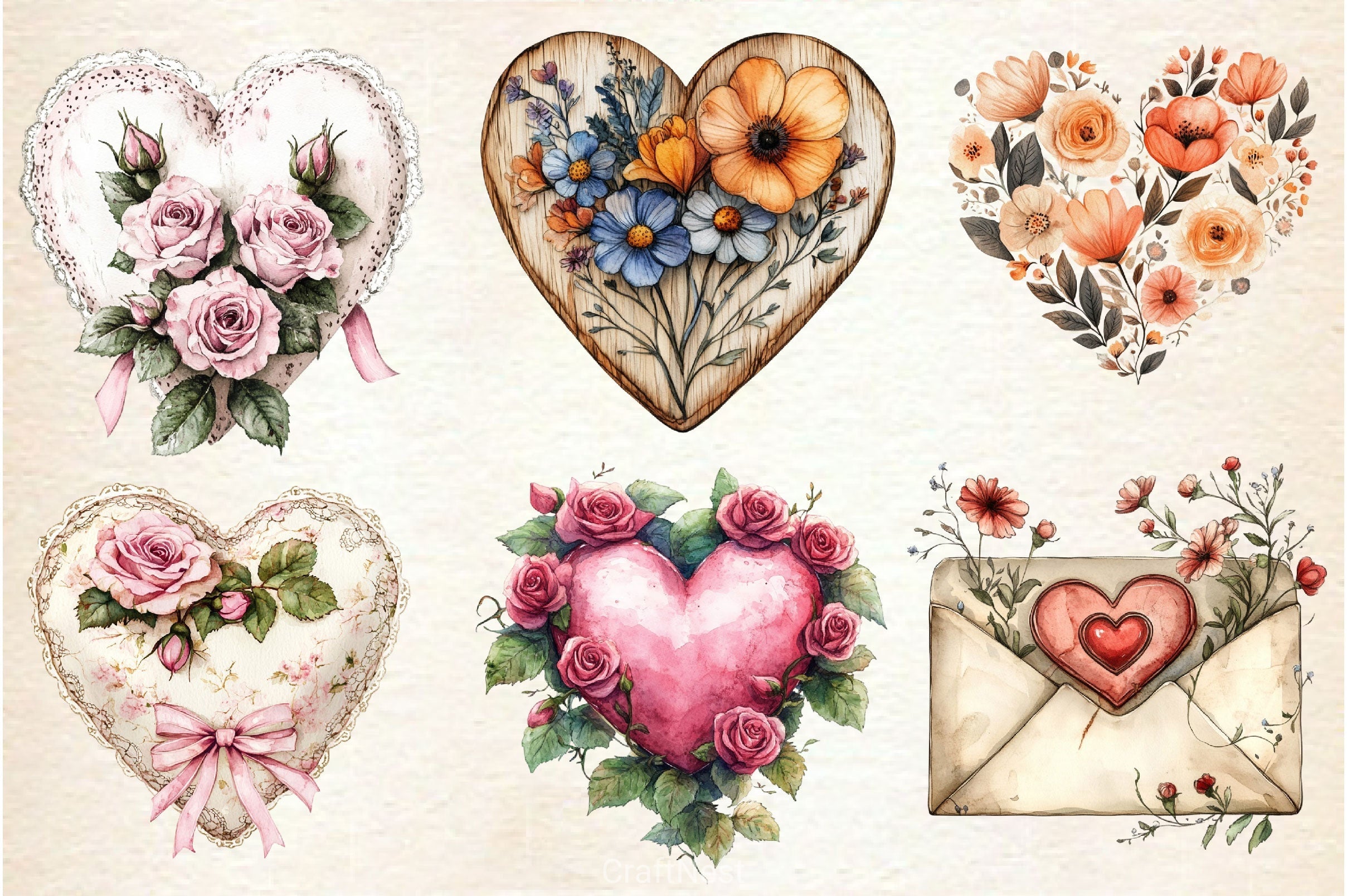Wedding Hearts With Flowers Clipart Bundle