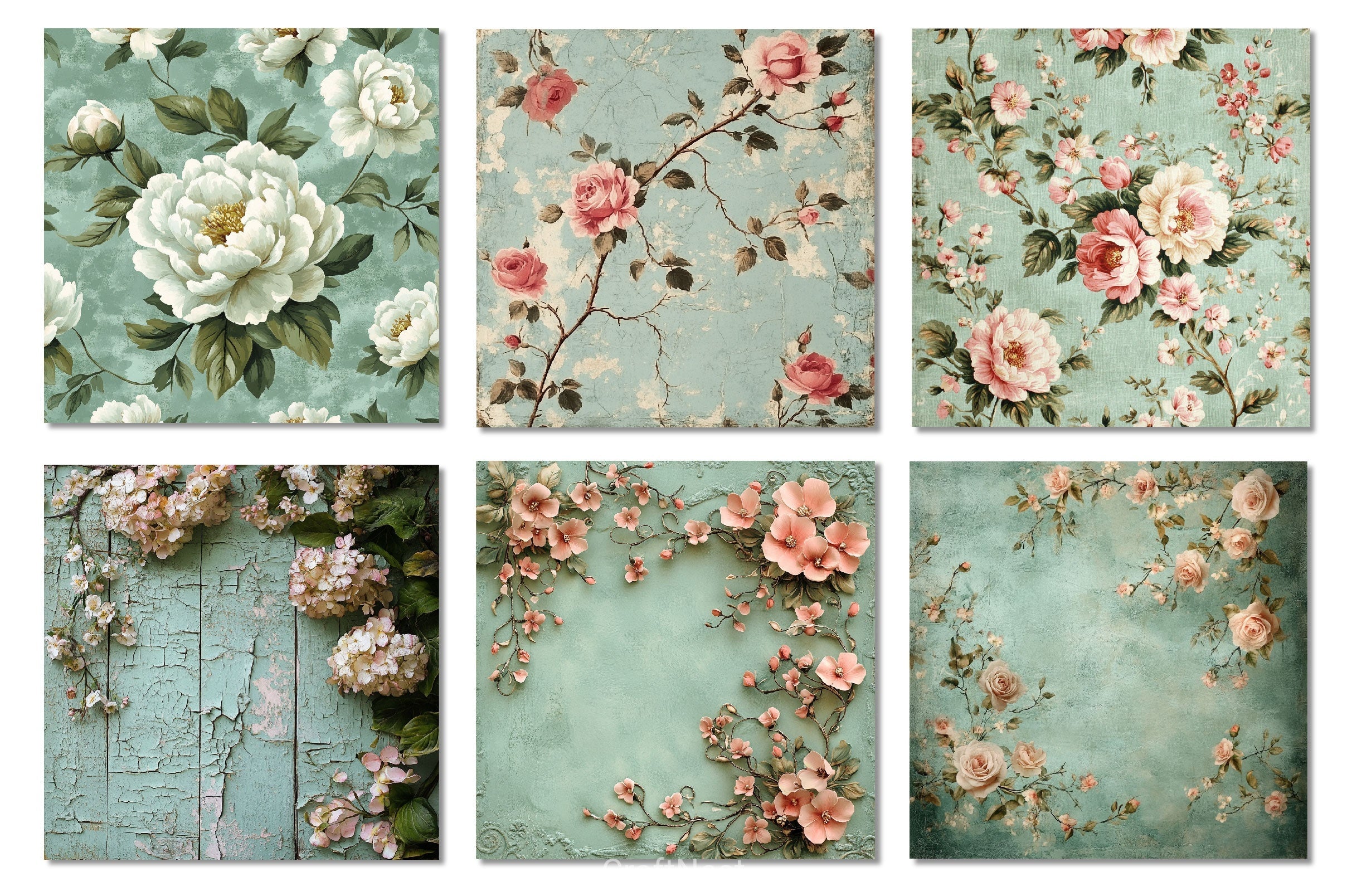 Mint Green Shabby Chic Floral Background Clipart Bundle