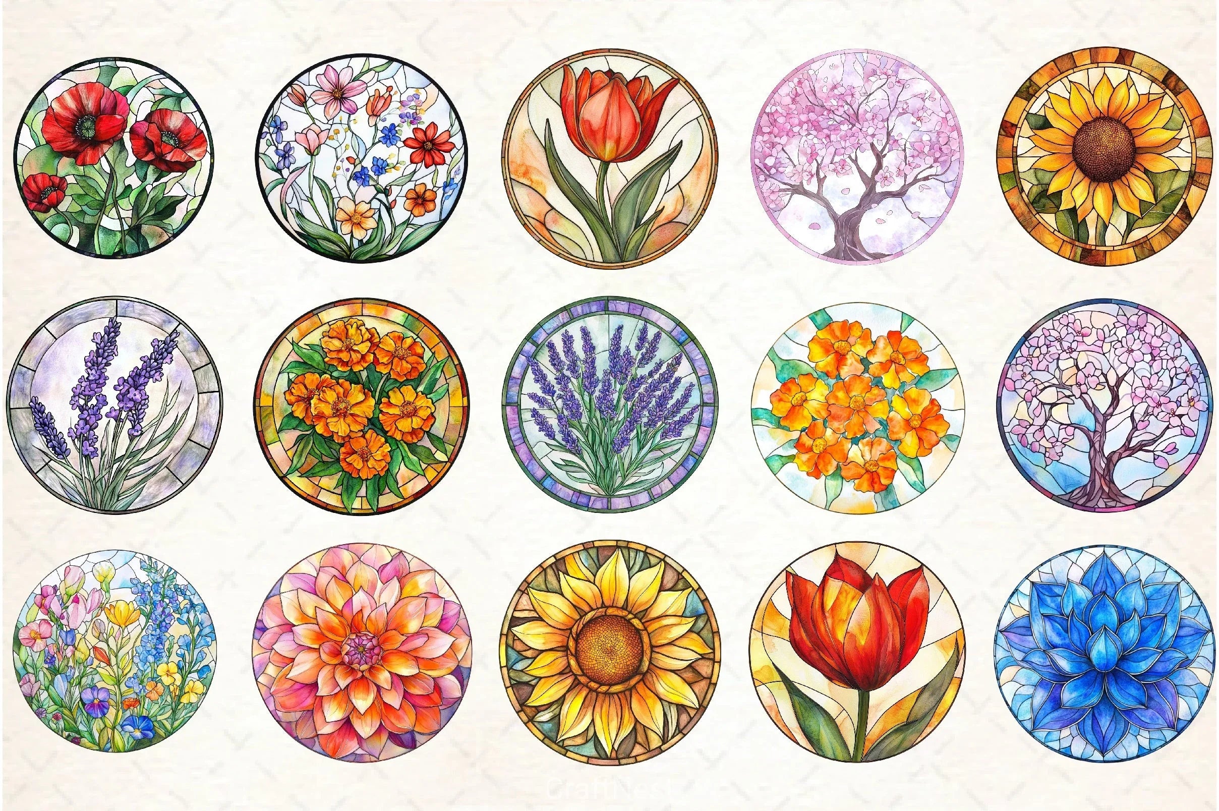 Round Stained Glass Flowers Clipart Bundle - CraftNest - Digital Crafting and Art