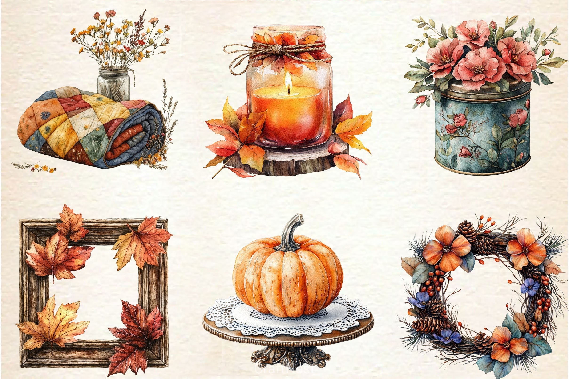 Vintage Fall Decorations Clipart Bundle 3