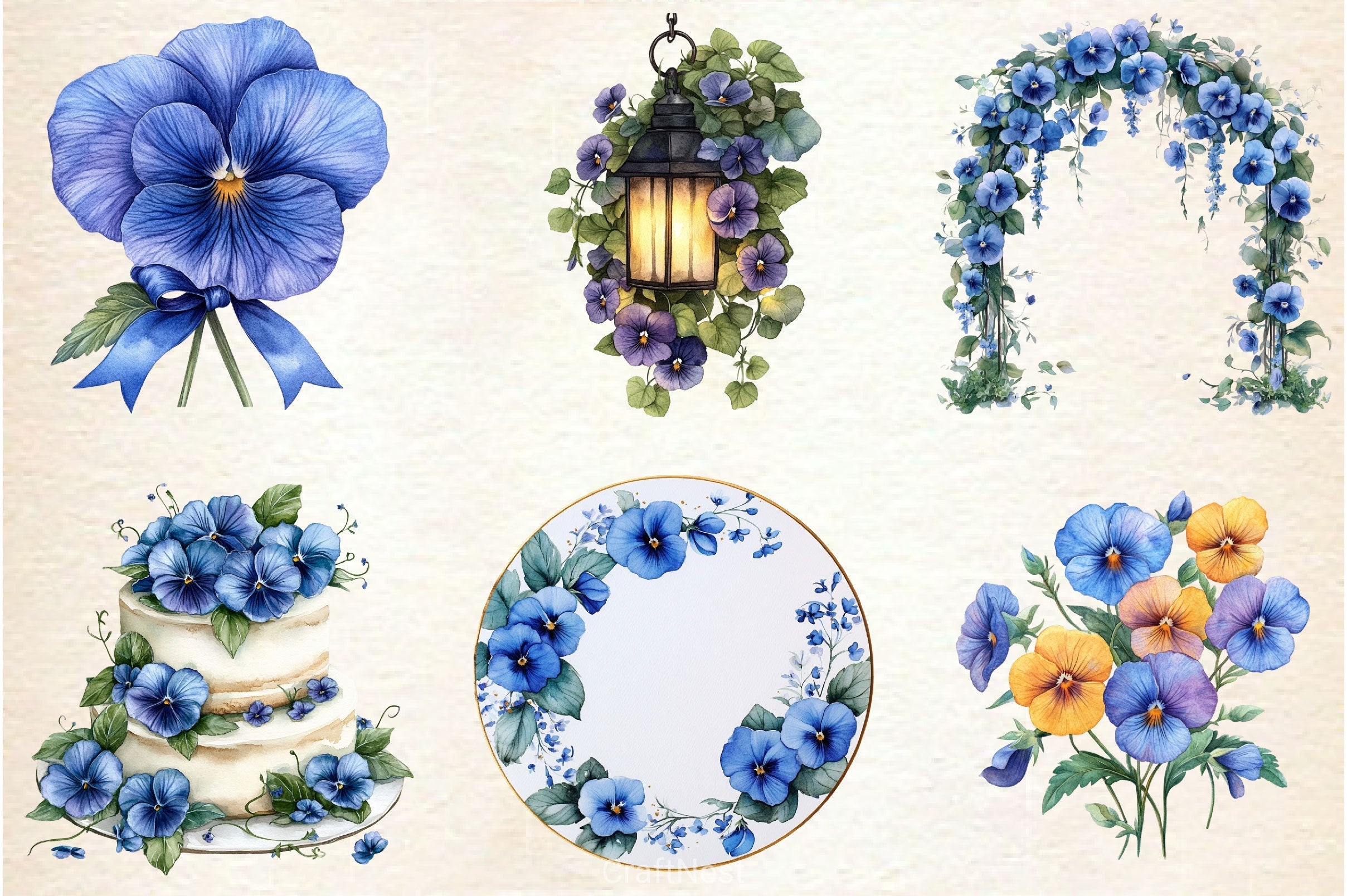 Blue Pansy Wedding Flower Clipart Bundle