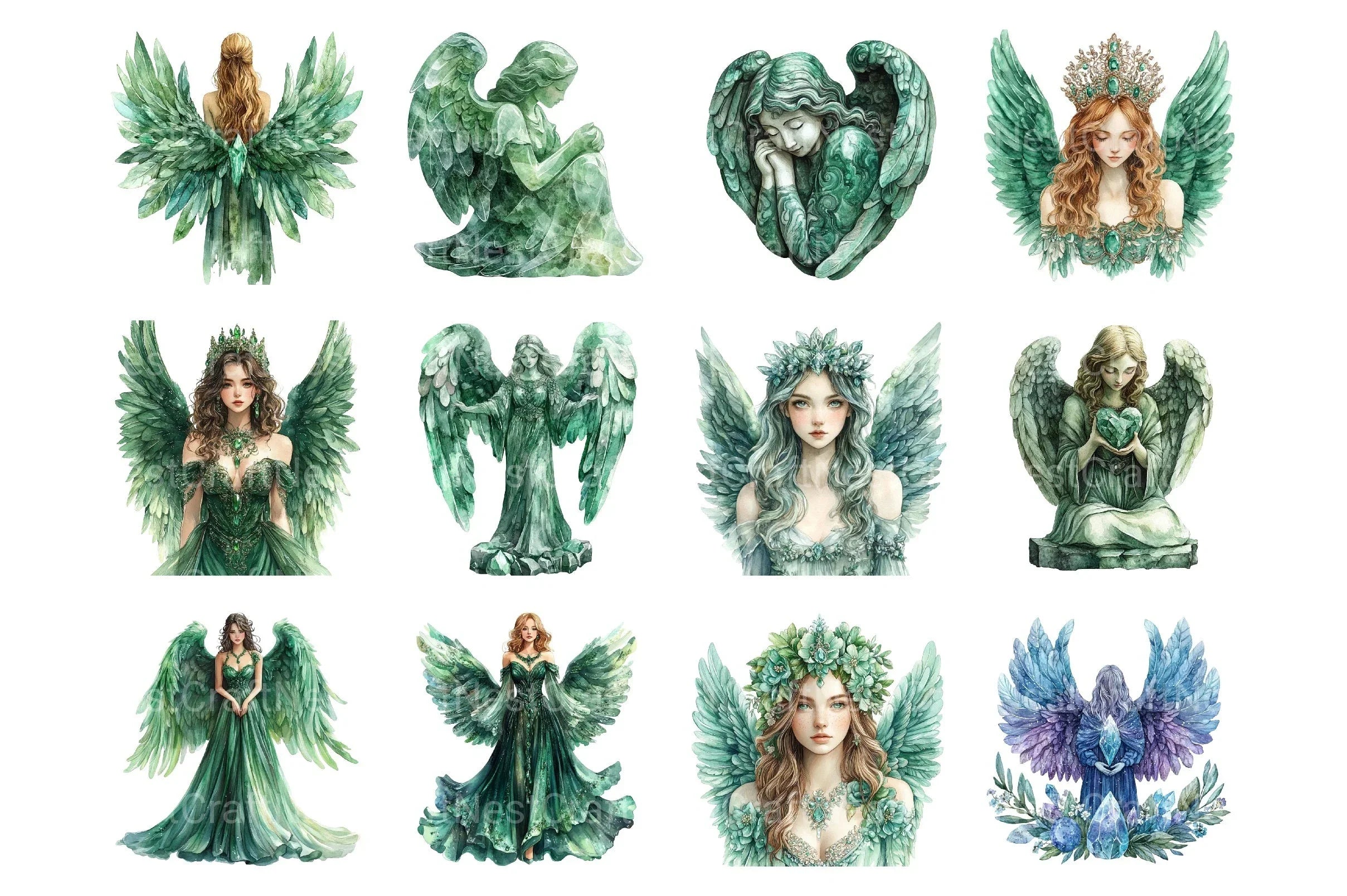 Green Stone Angel Figures Clipart Bundle - CraftNest - Digital Crafting and Art