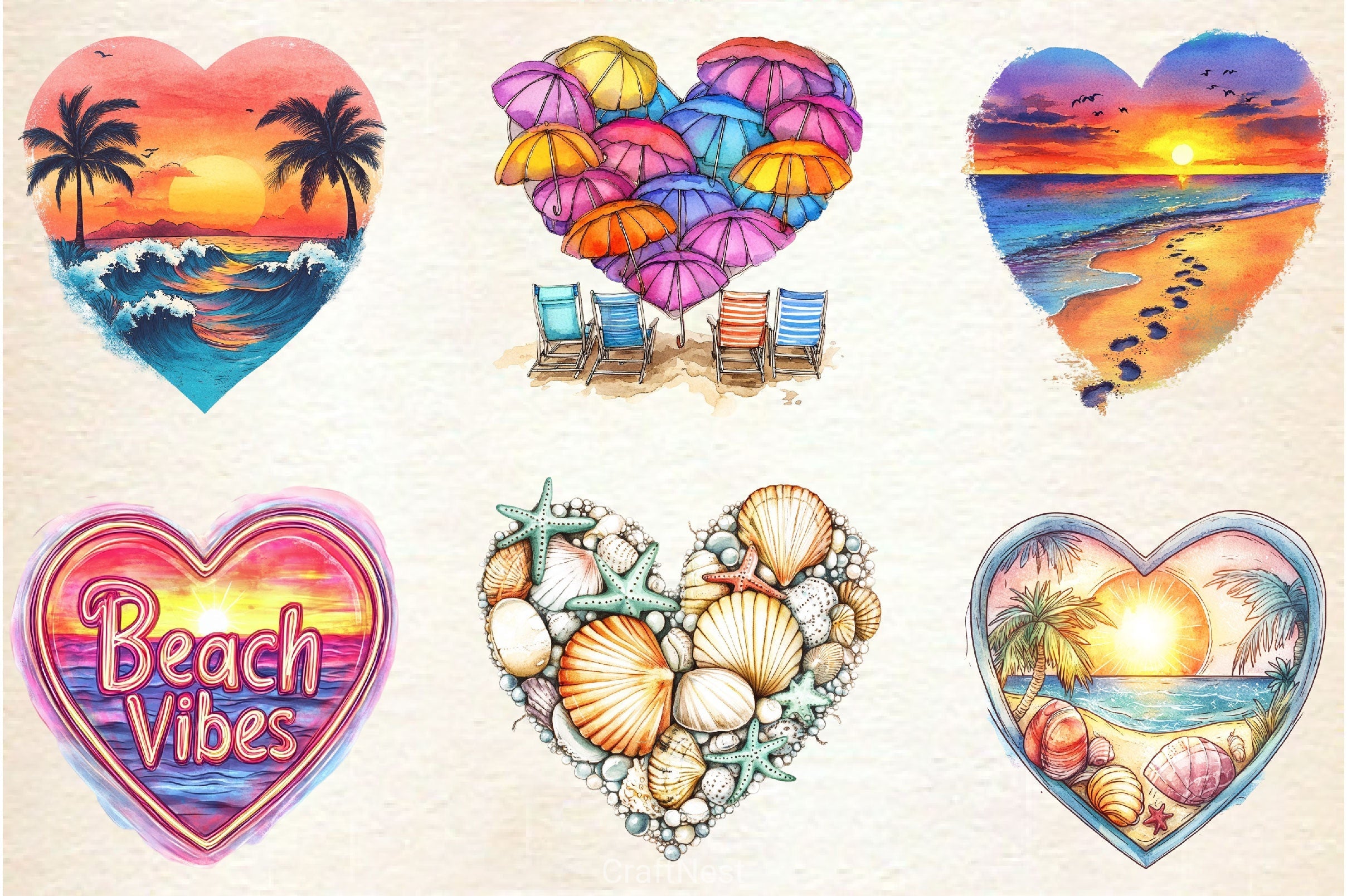 Retro Beach Heart Clipart Bundle