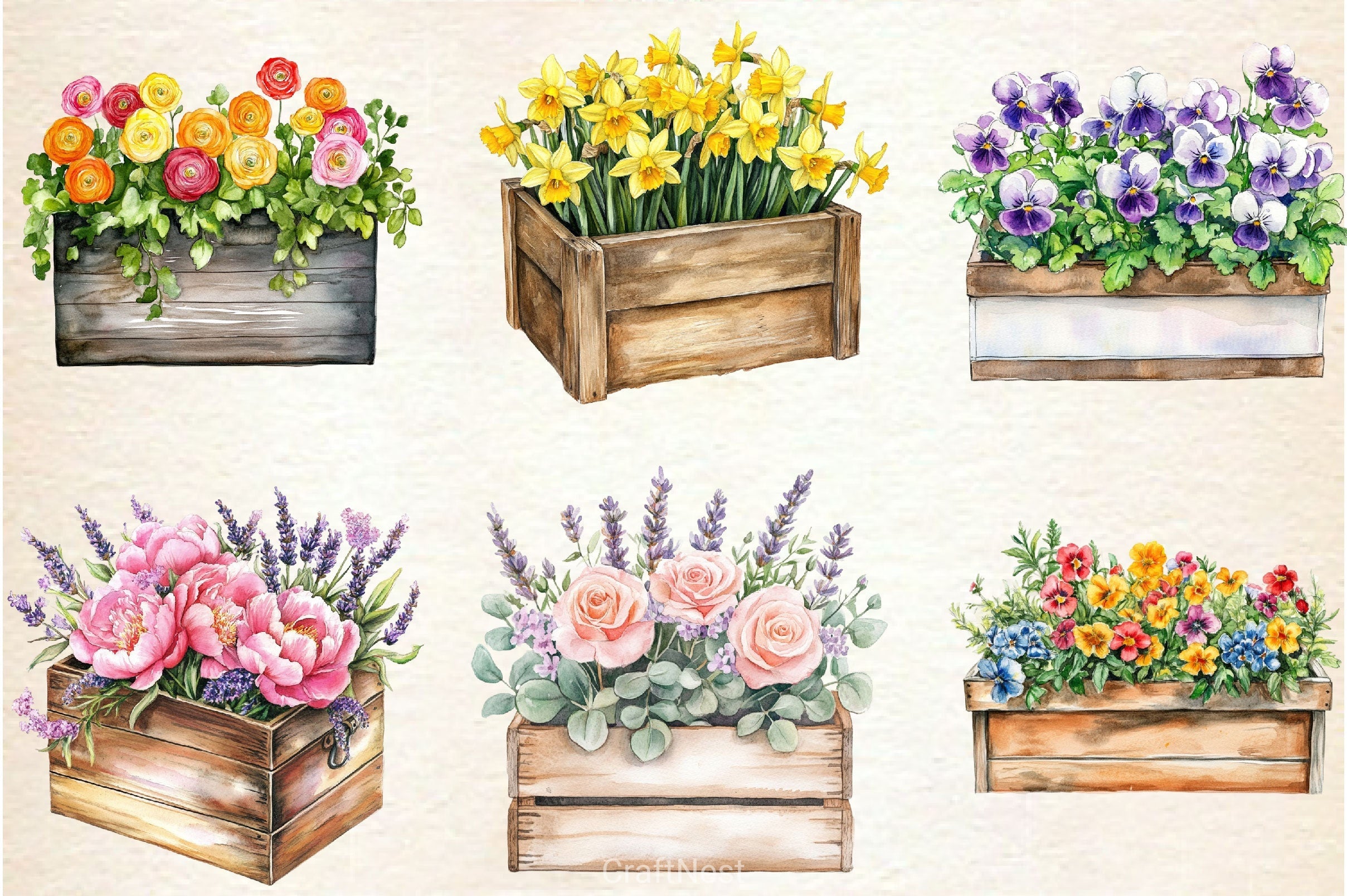 Spring Wooden Planters Box Clipart Bundle