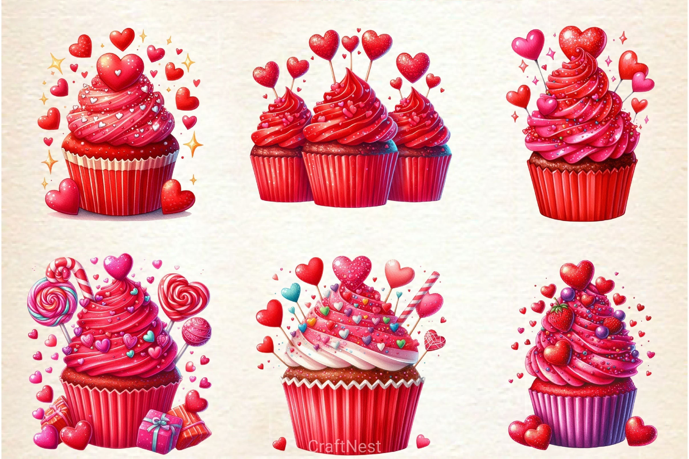 Valentine Red Cupcake Clipart Bundle