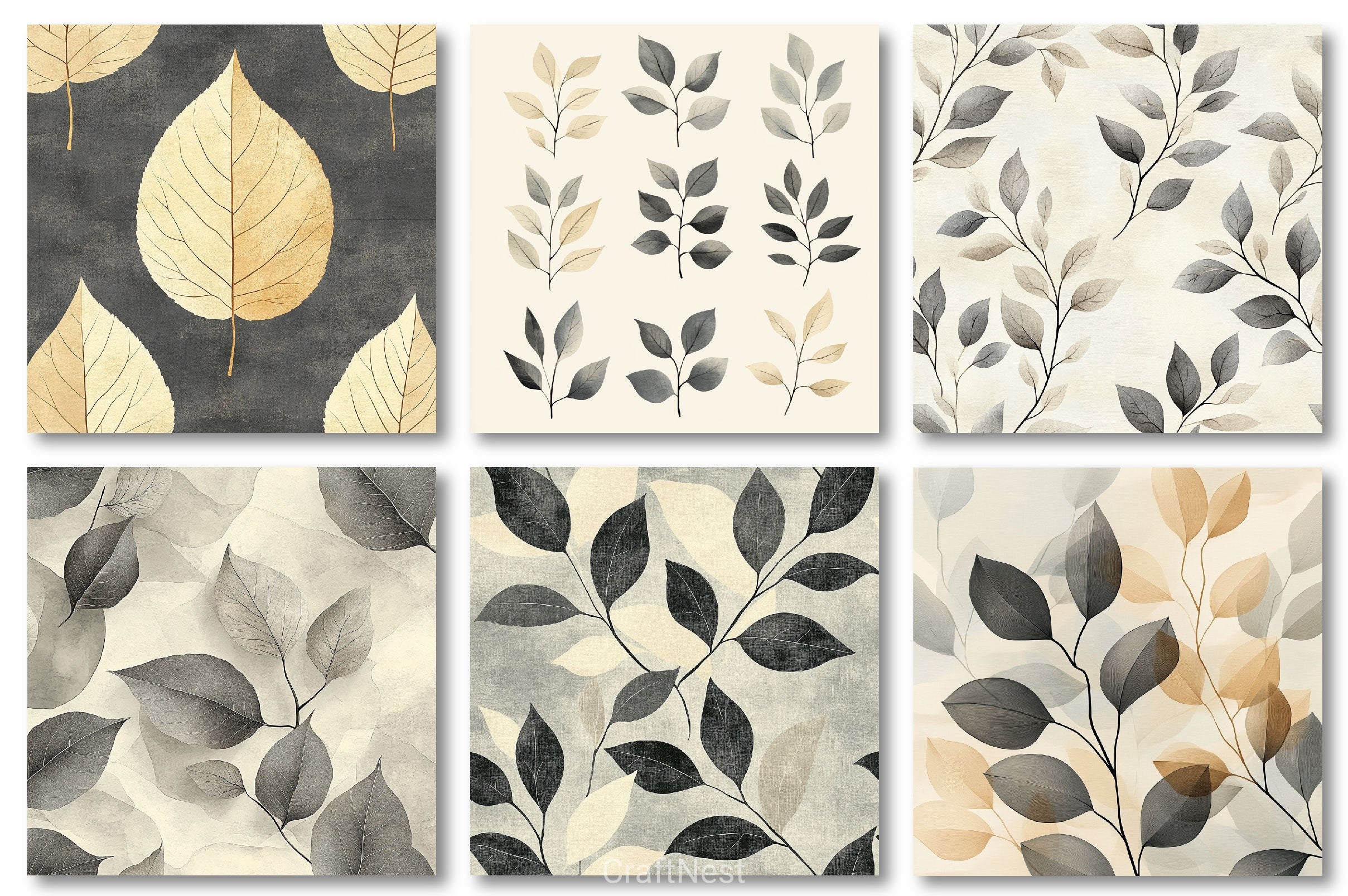 Gray Beige Artistic Leaves Digital Background Clipart Bundle
