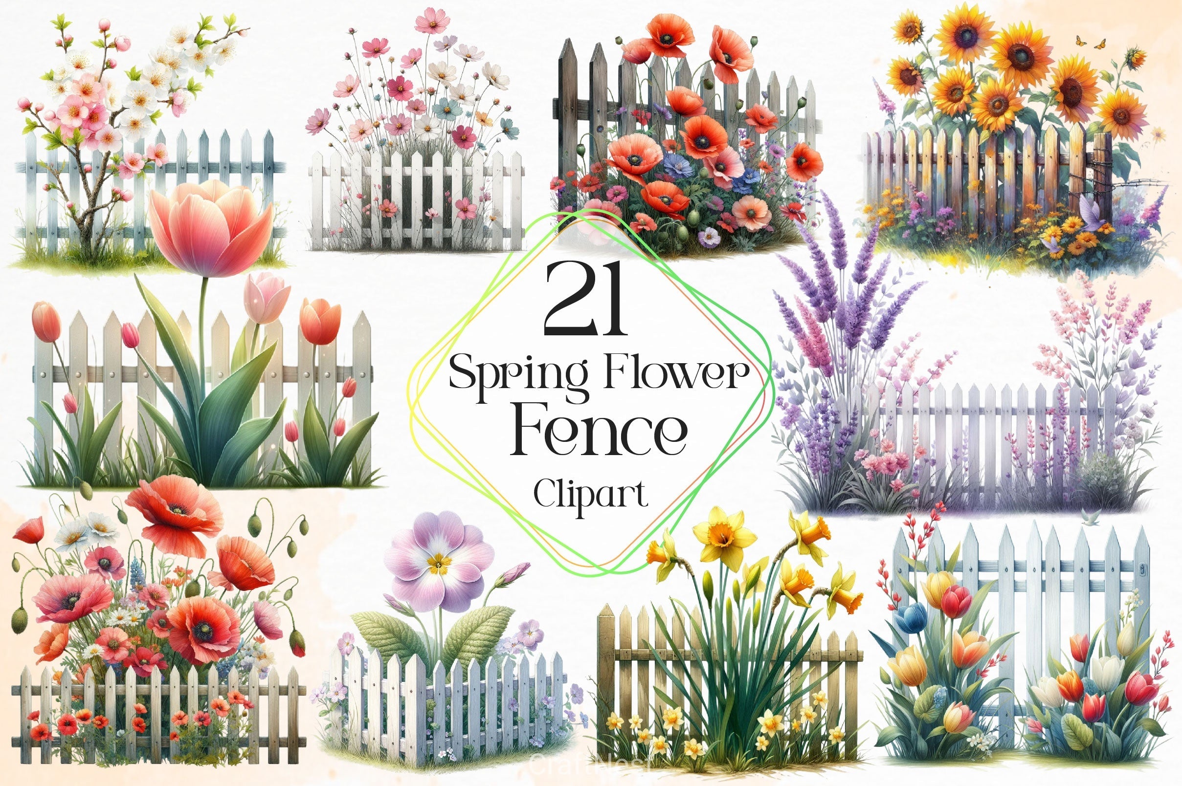 Spring Flower Fence Clipart Bundle 3