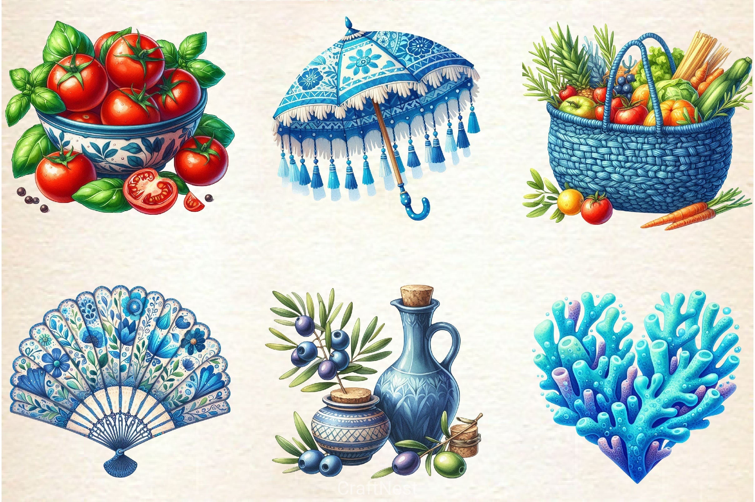 Blue Summer Mediterranean Clipart Bundle