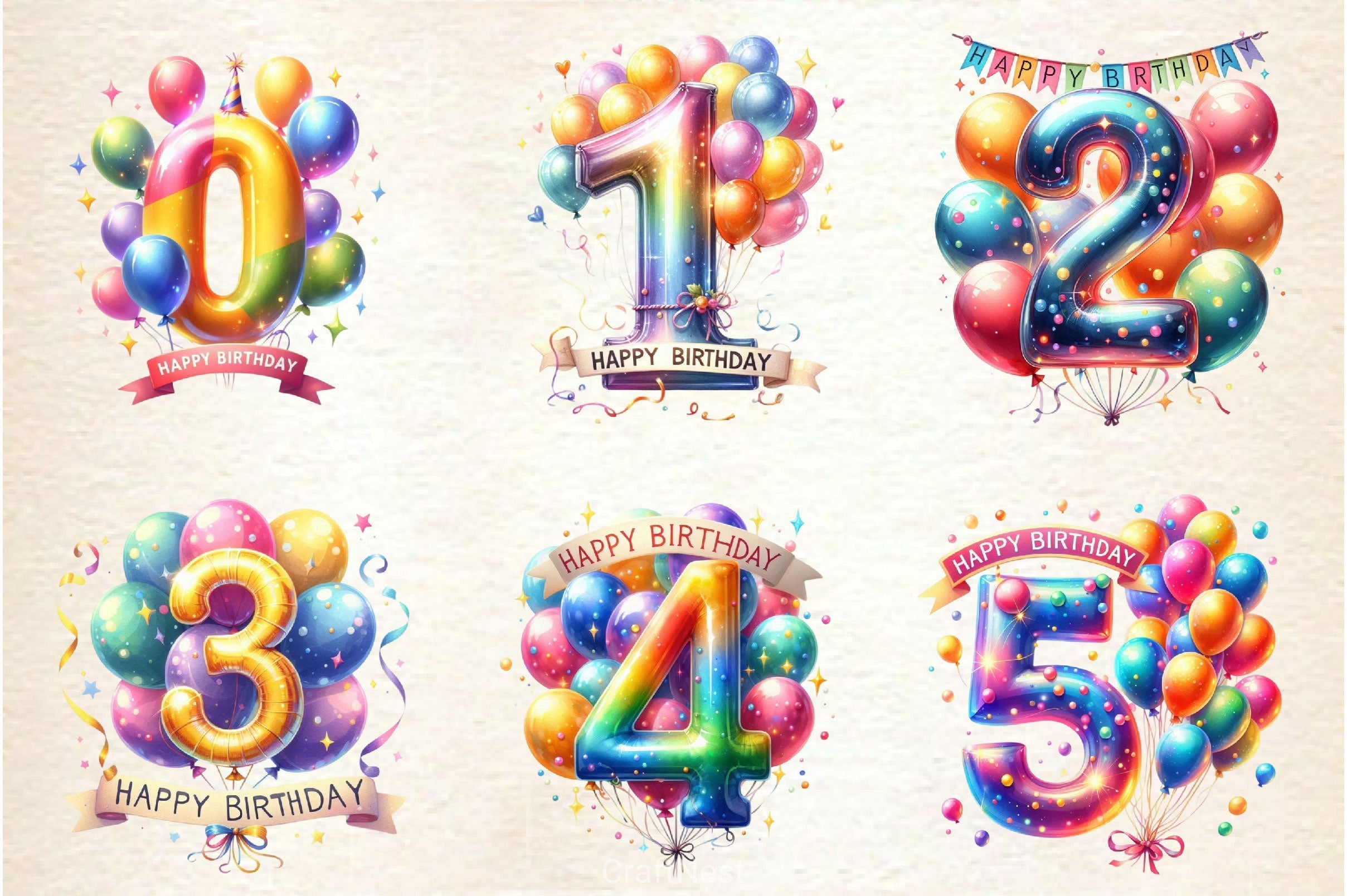 Happy Birthday Balloon Numbers Clipart Bundle 5