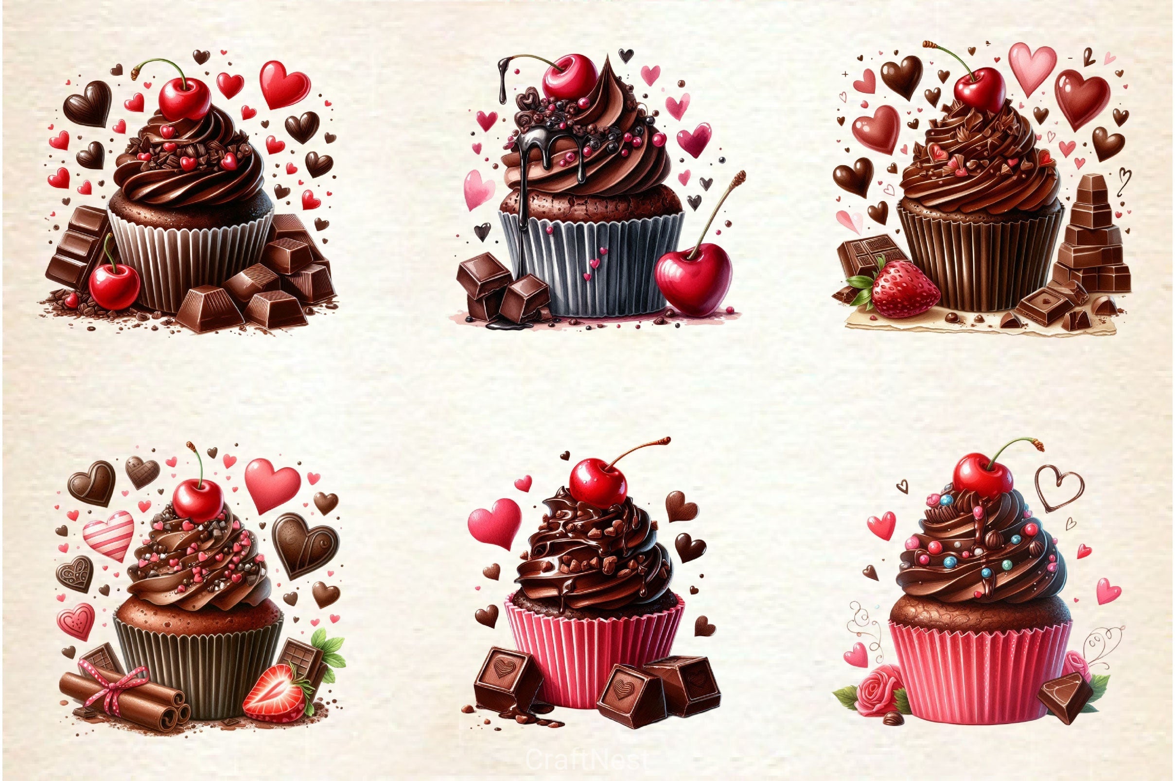 Romantic Chocolate Cupcake Clipart Bundle