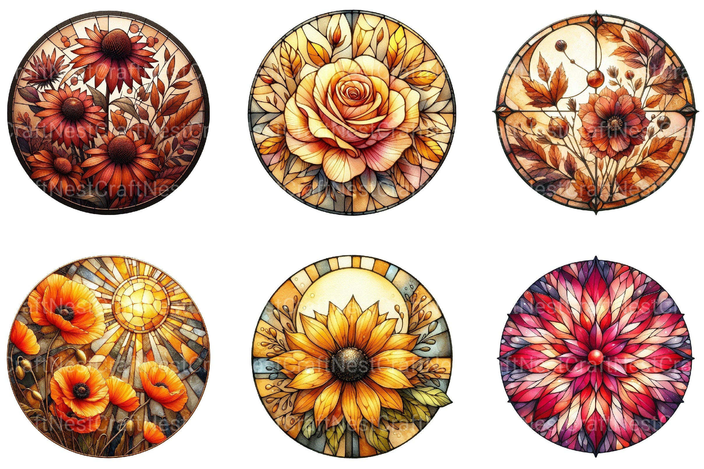 Round Stained Glass Fall Flower Clipart Bundle
