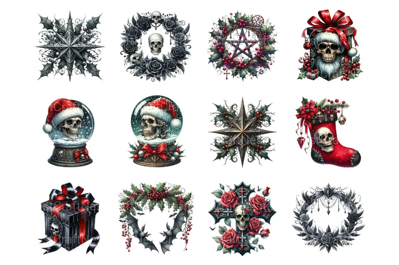 Gothic Christmas Clip Art: Spooky Skull & Raven Graphics Bundle - CraftNest - Digital Crafting and Art