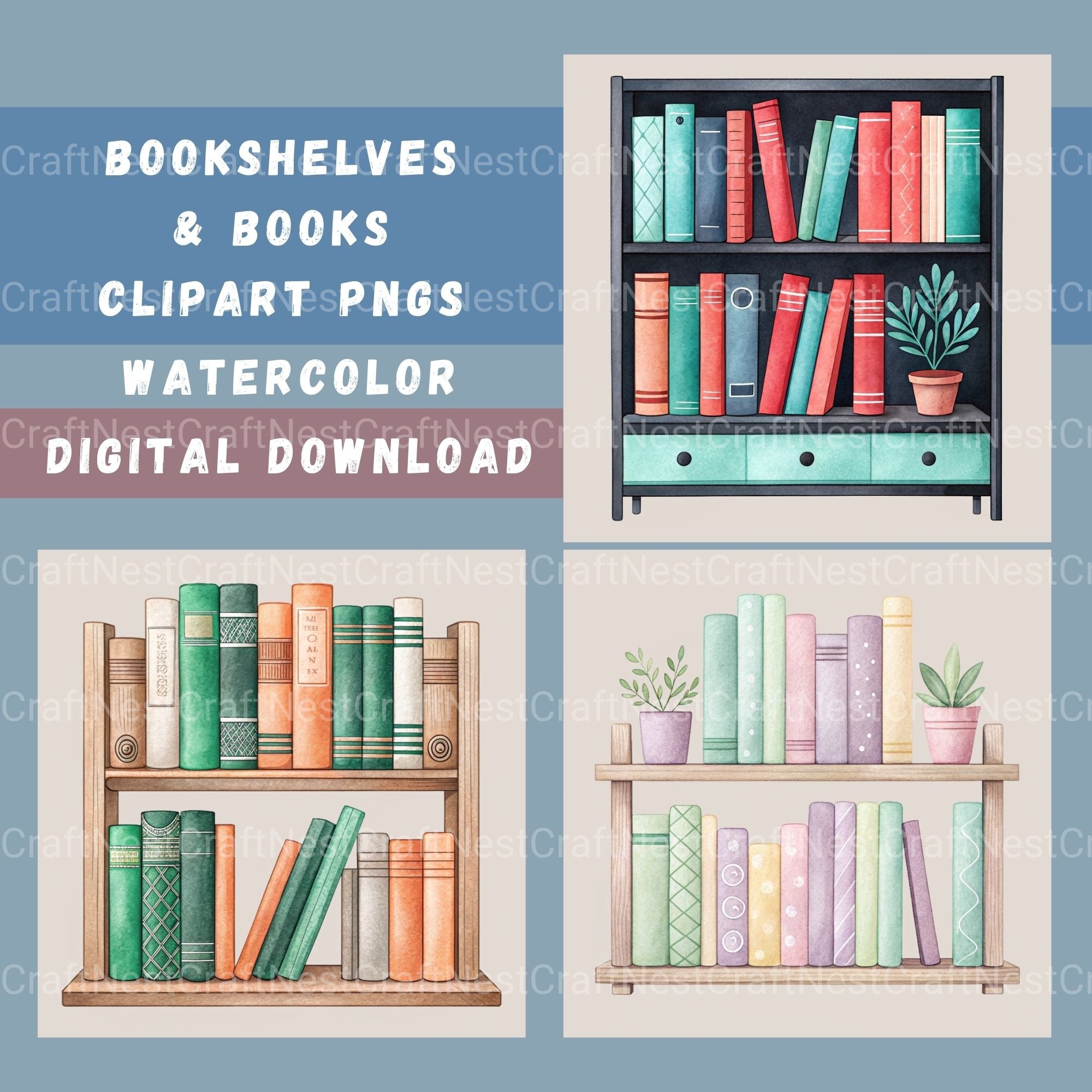 Minimalist Bookshelves Clipart Bundle
