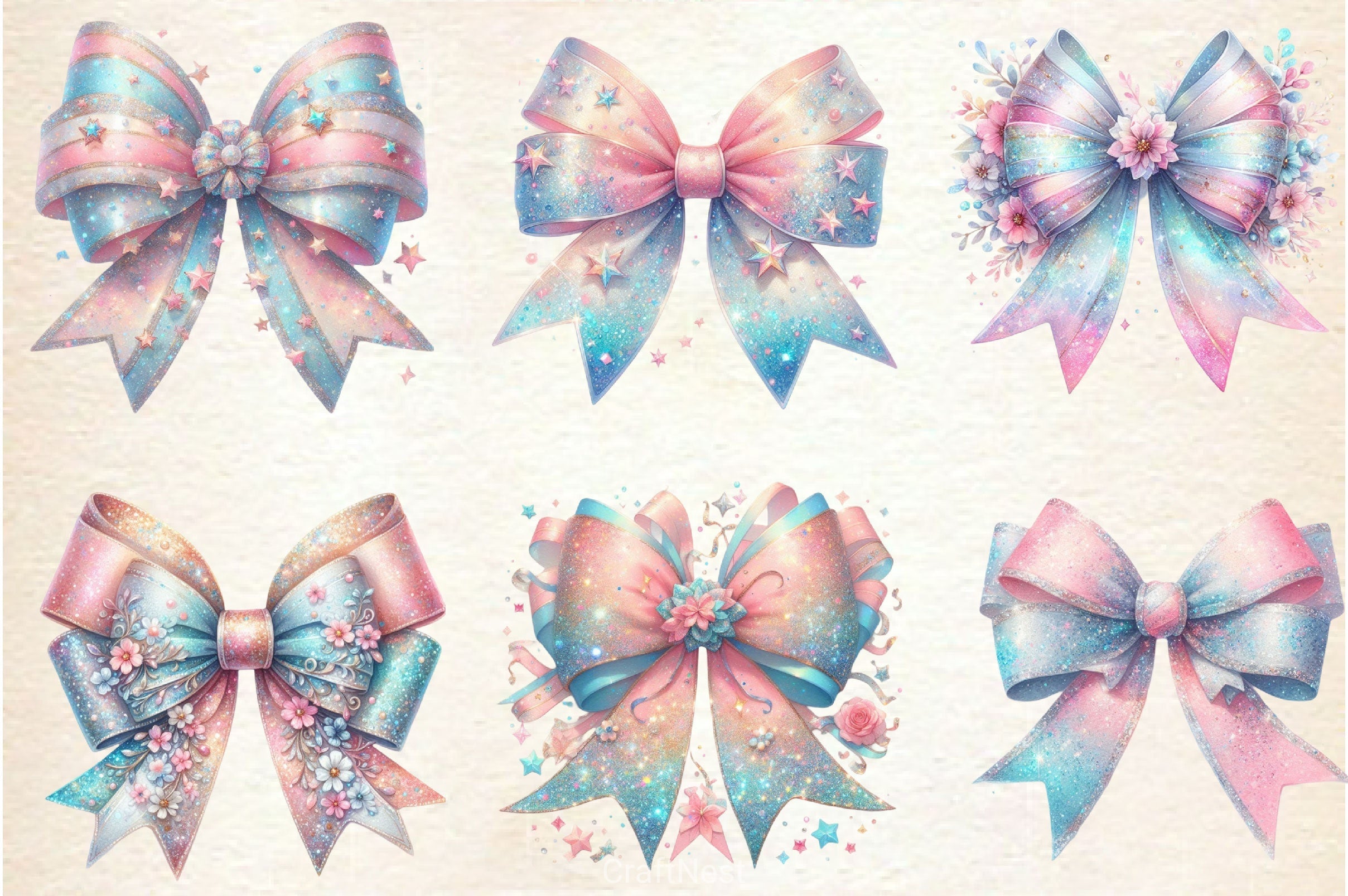Pastel Glitter Bow Clipart Bundle 5