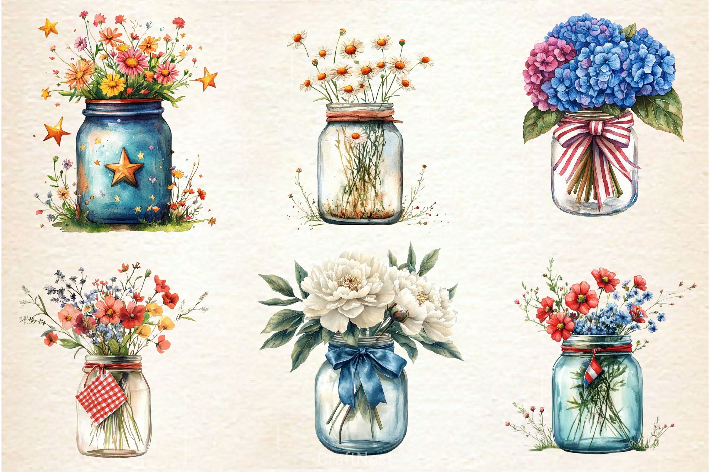 Flowers In Jar 4th Of July Clipart Bundle