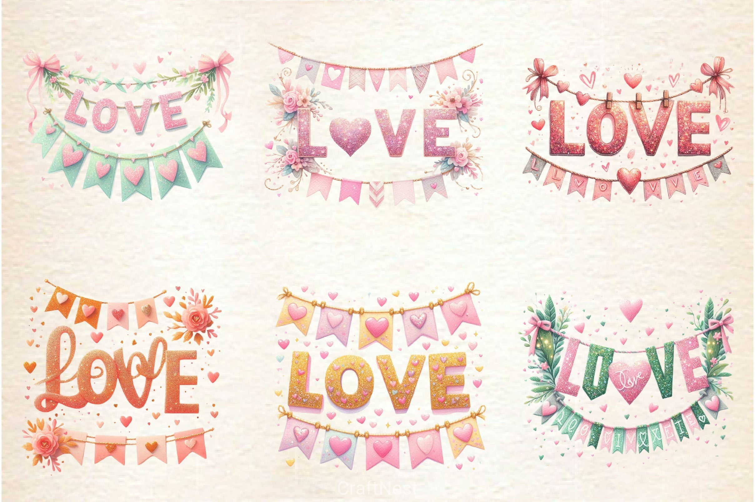 Valentine Glitter Banner Clipart Bundle